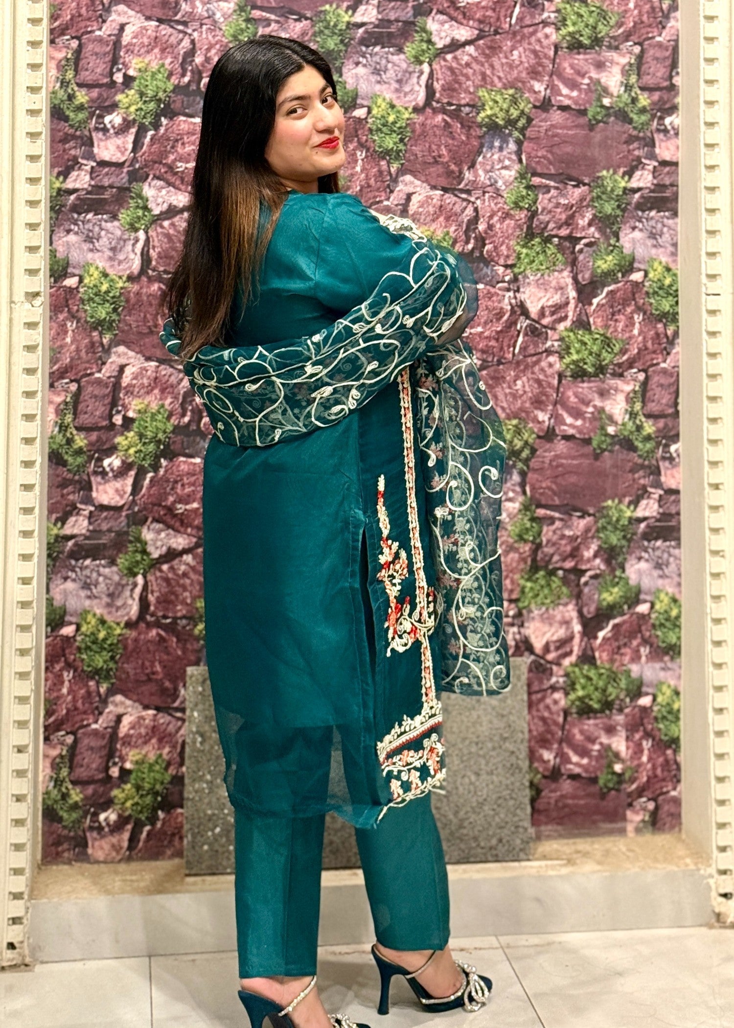 organza Kurta Set in Dark cyan