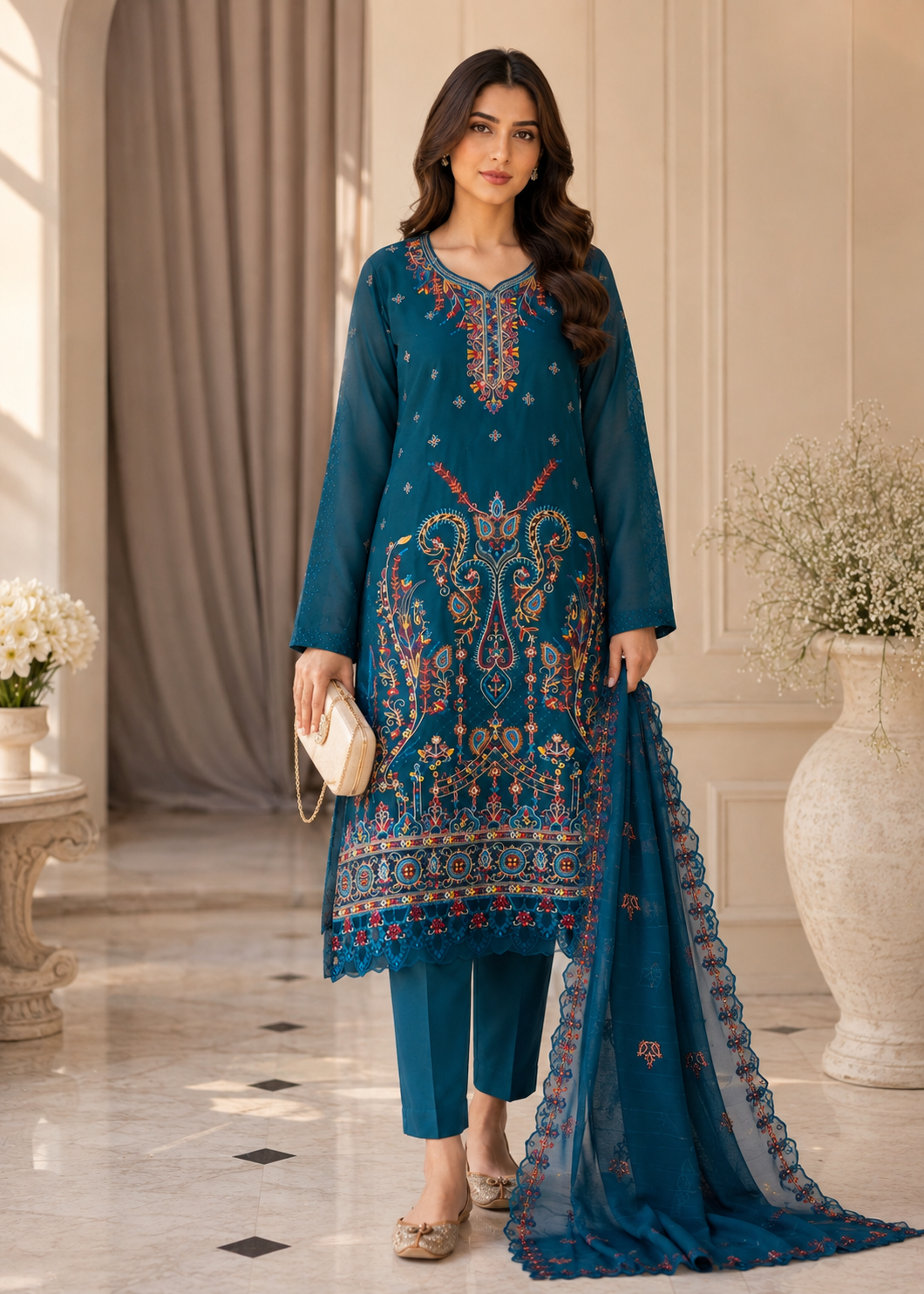 cotton Kurta Set in Teal
