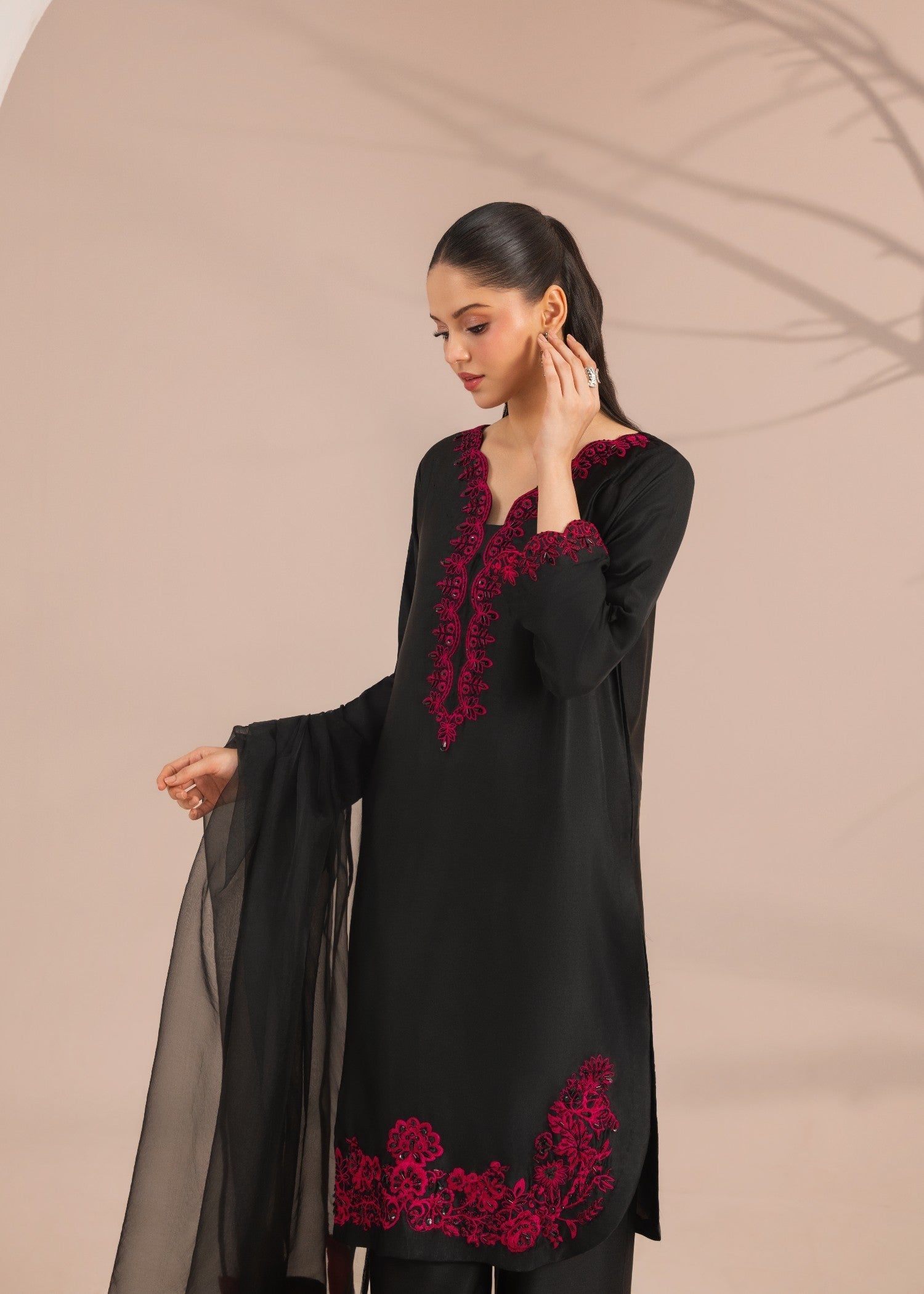 silk charmeuse Kurta Set in Jet black