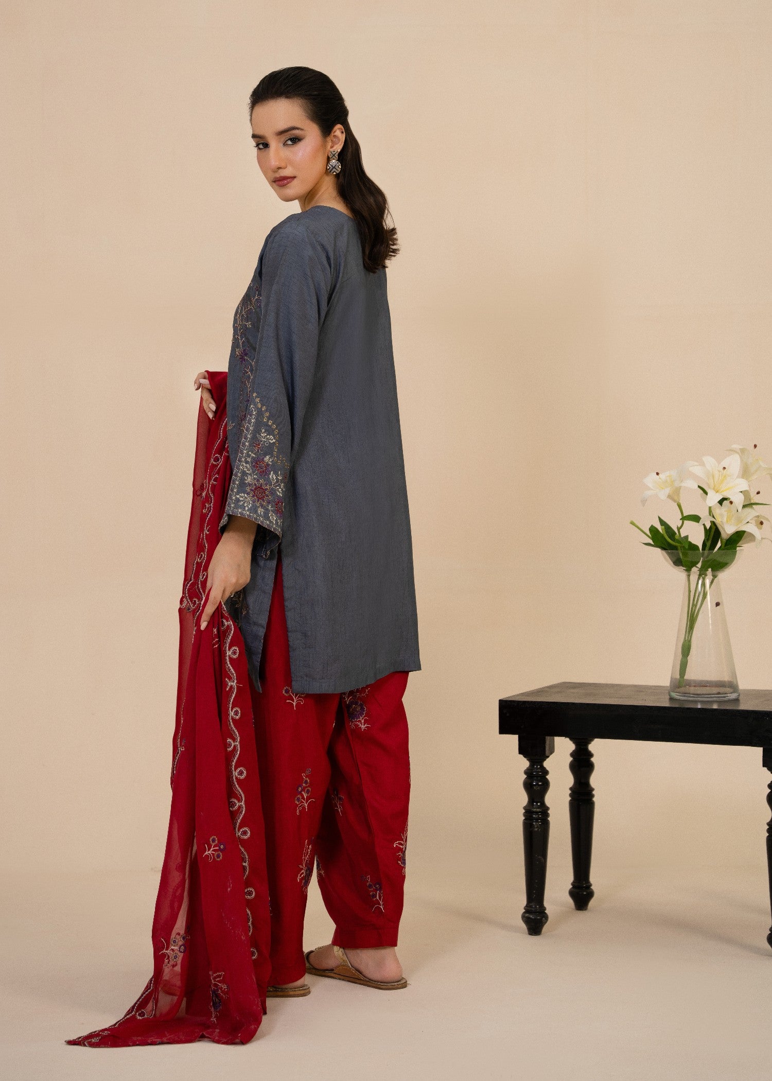 korean raw silk Kurta Set in Steal grey
