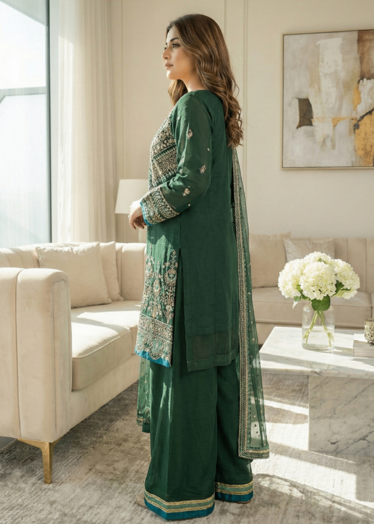 organza Kurta Set in Bottle green