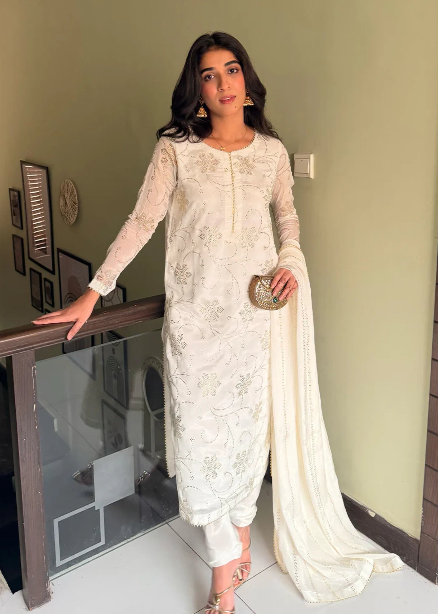 chiffon Kurta Set in Off-white, gold