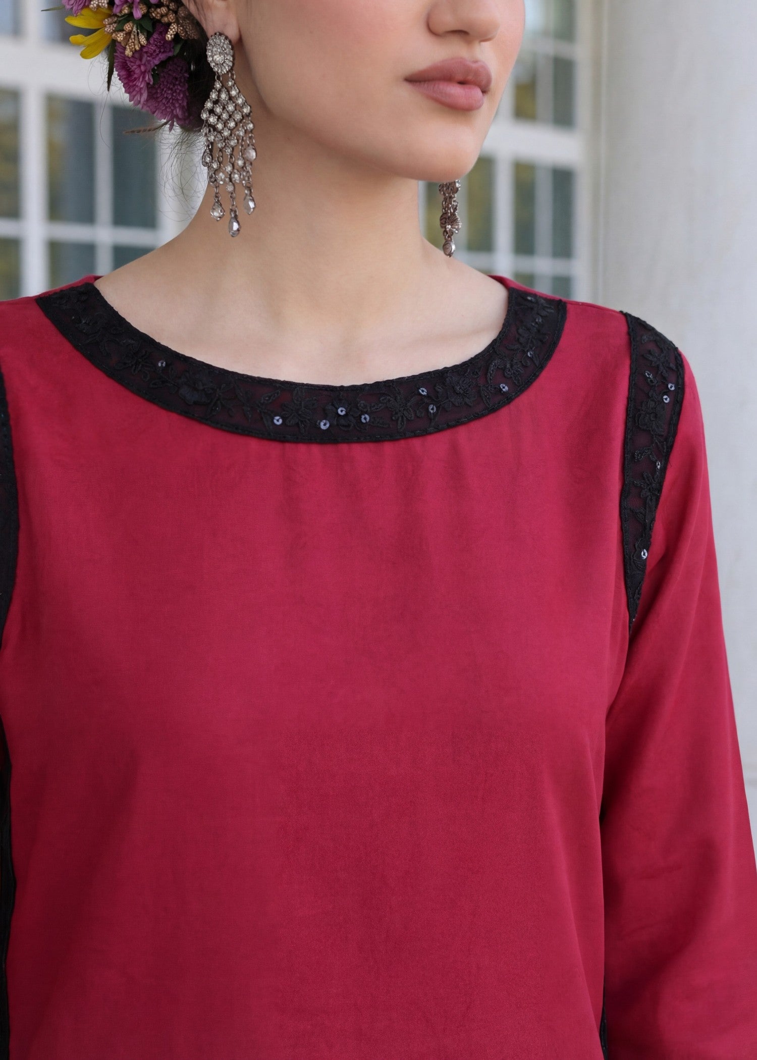 textured lawn Kurta Set in Cardinal red