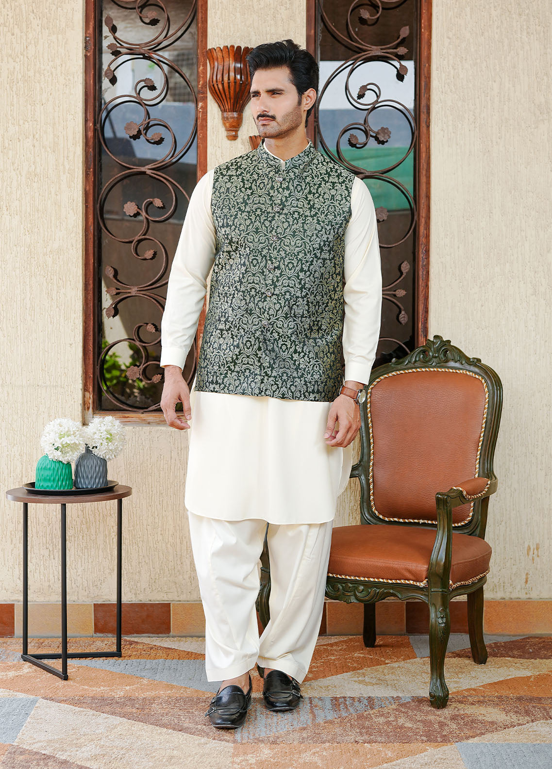 banarasi jamawar Waistcoat in Forest green