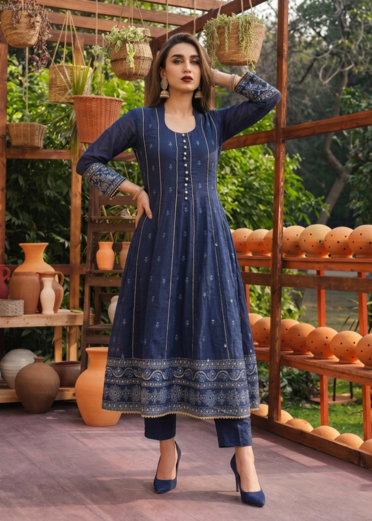 lawn Pishwas in Navy blue
