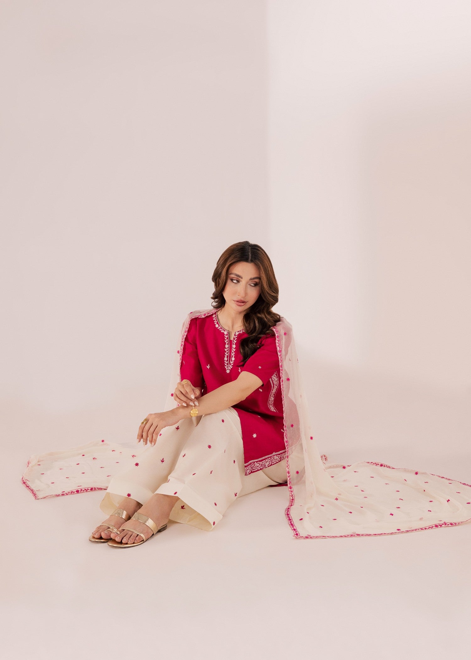 ribbed lawn Kurta Set in Off-white, mulberry