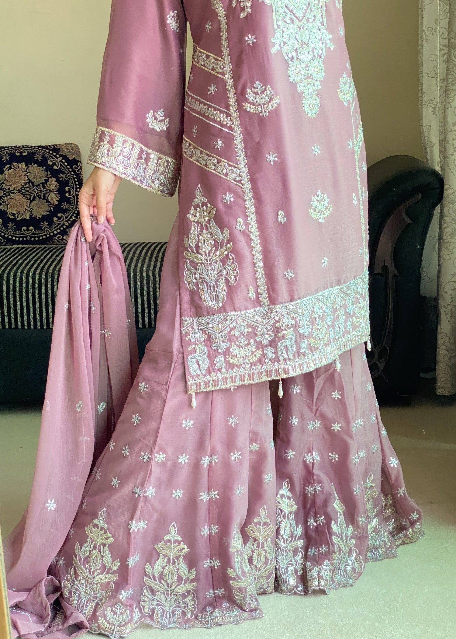 chiffon Gharara in Mauve pink