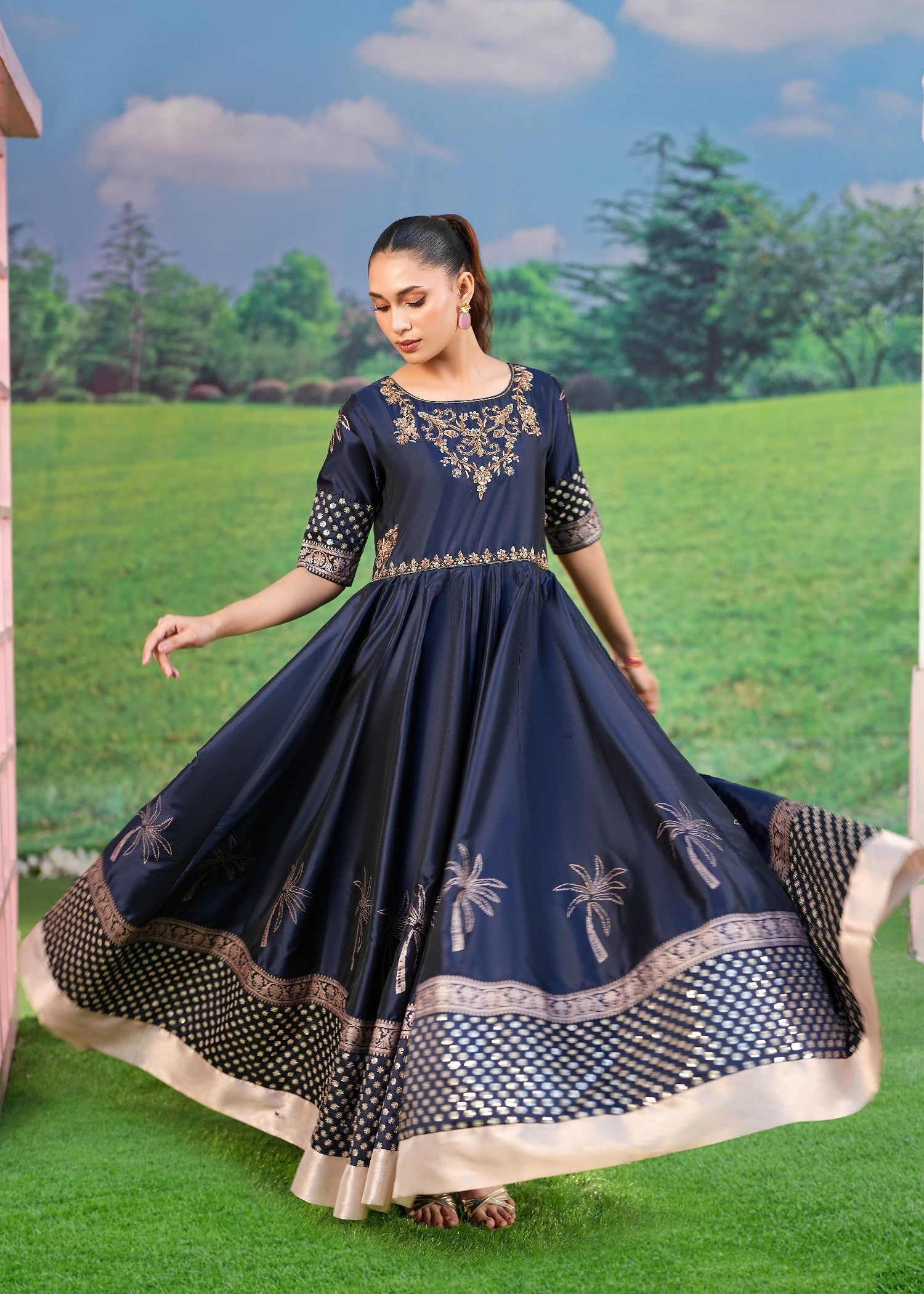 kattan silk Pishwas in Navy blue
