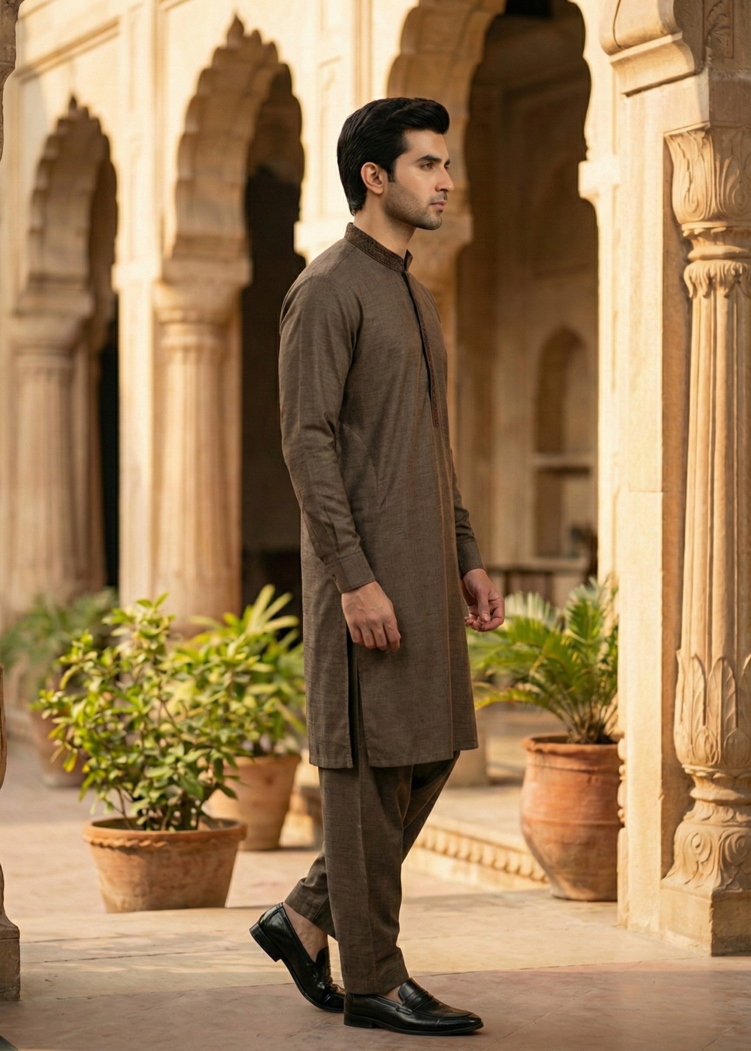 textured wash & wear Shalwar Kameez in Brown
