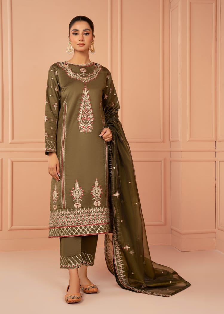 cotton net Kurta Set in Olive green