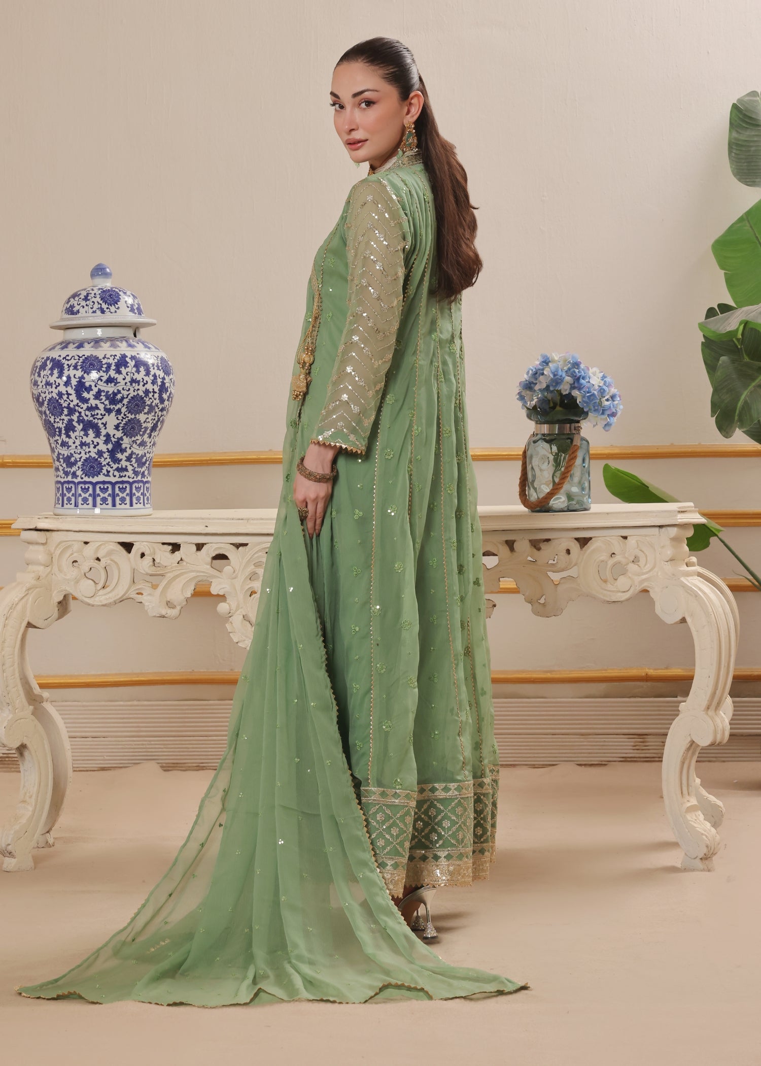 chiffon Angrakha in Pastel green