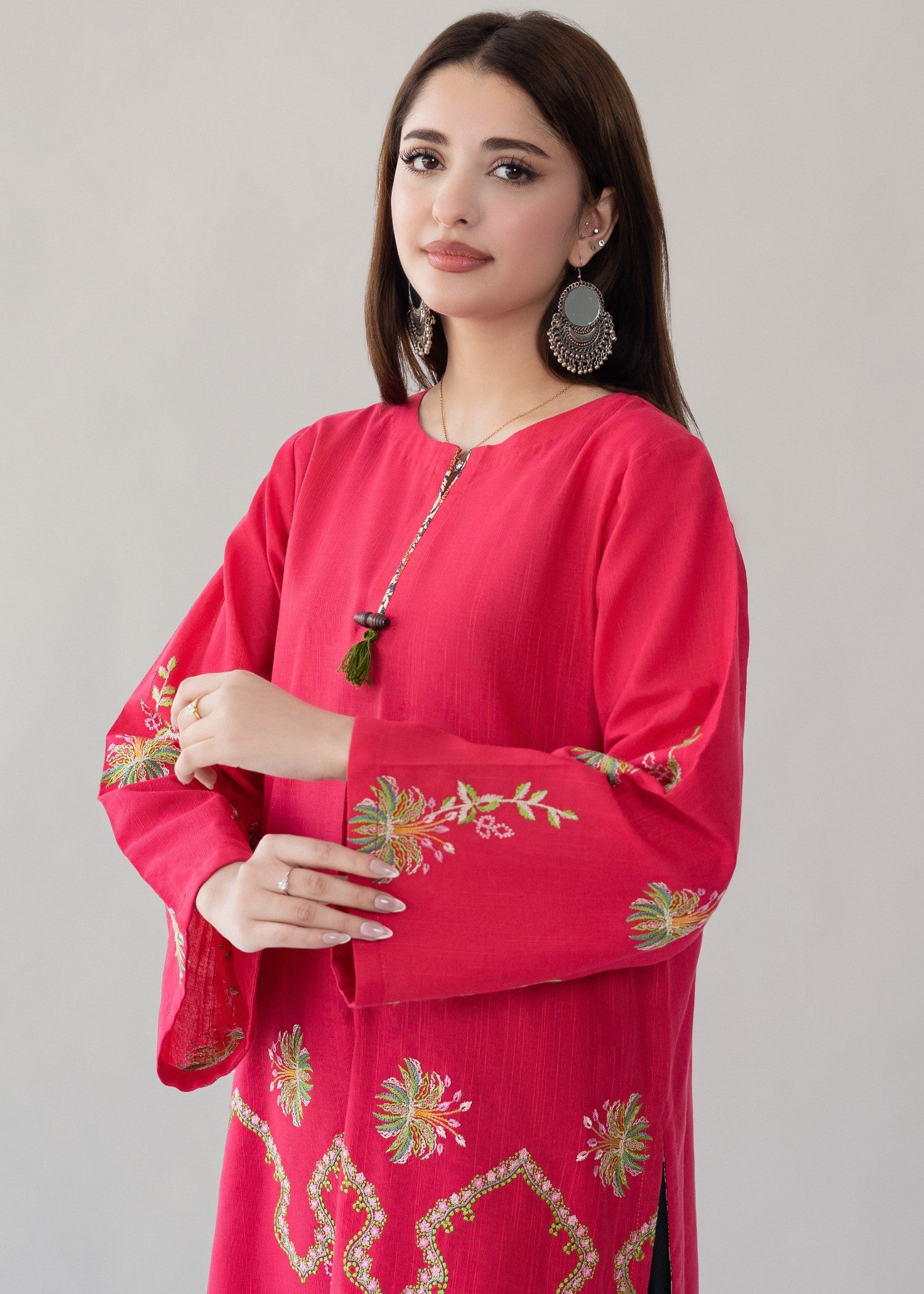 slub khaddar Kurta Set in Shocking pink
