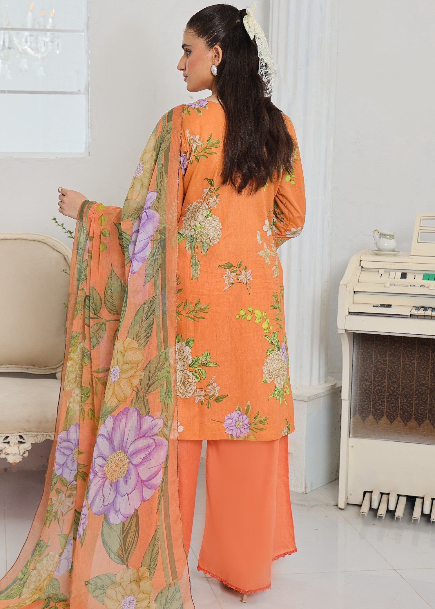 lawn Unstitched in Coral orange