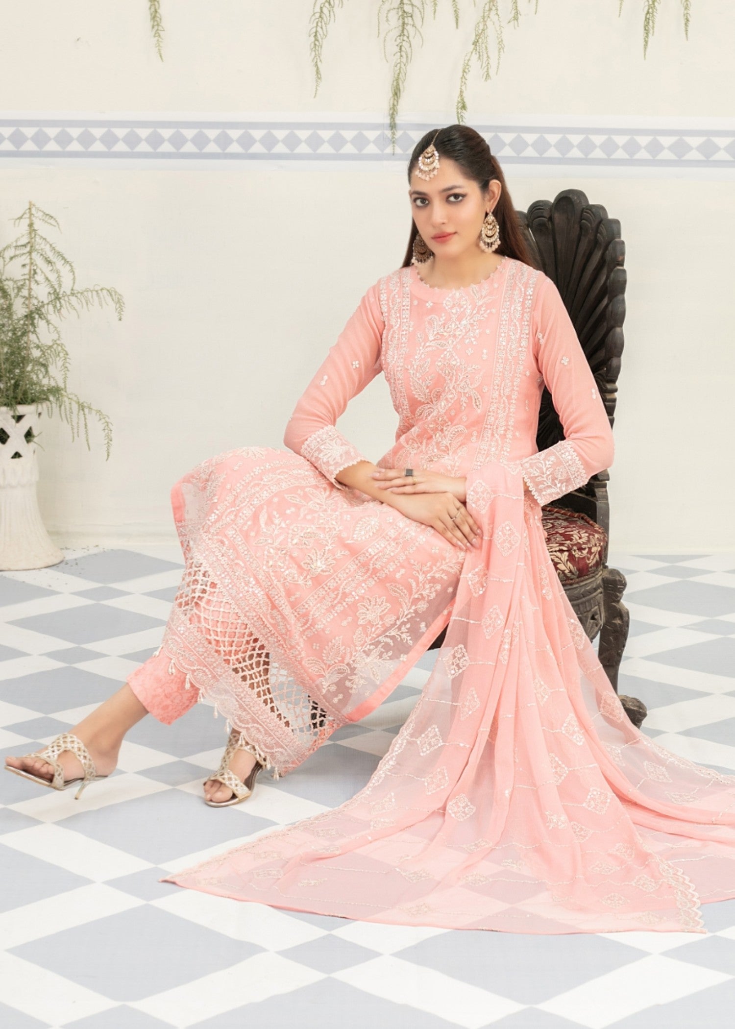 chiffon Kurta Set in Pink lace