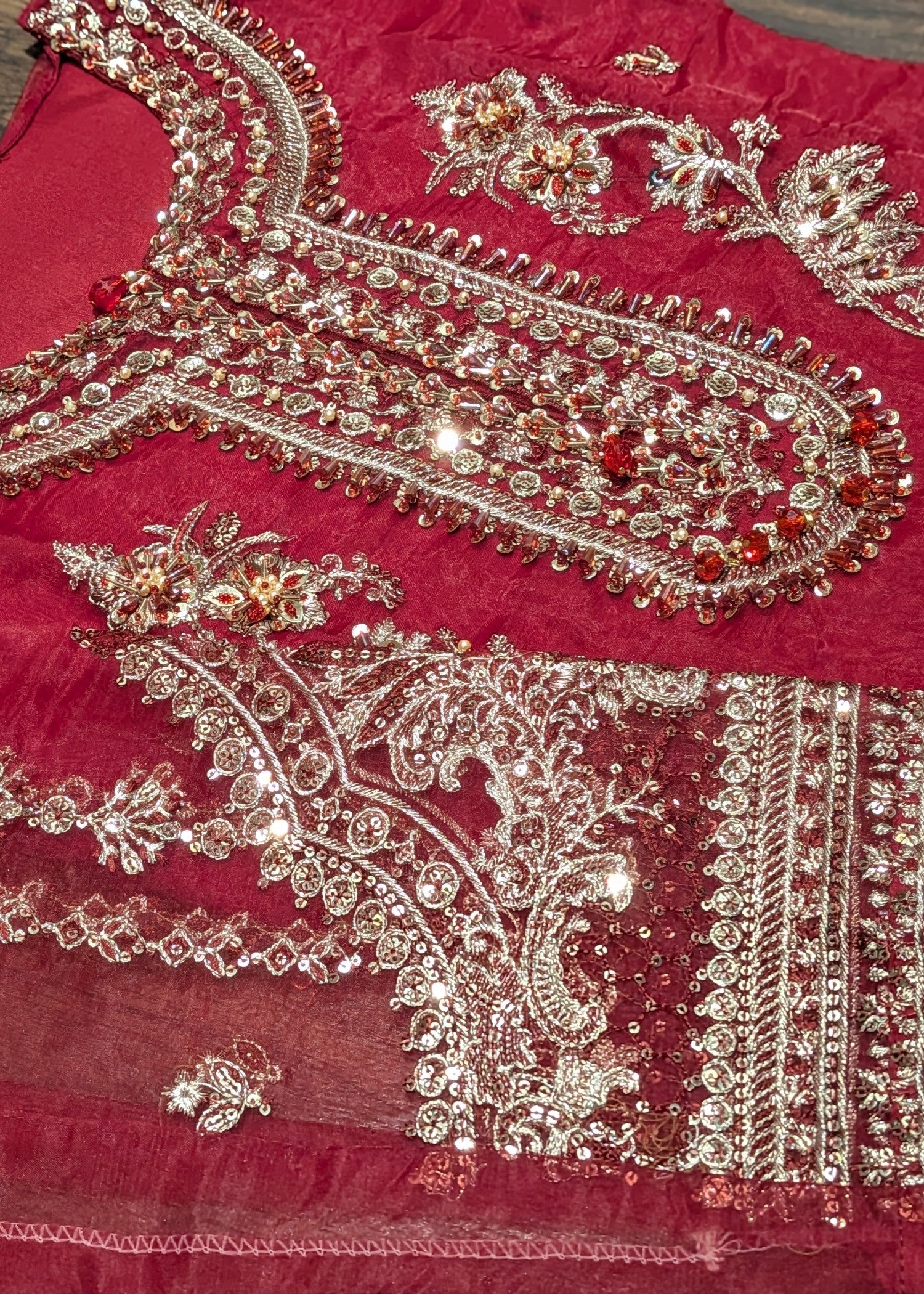 organza Gharara in Crimson