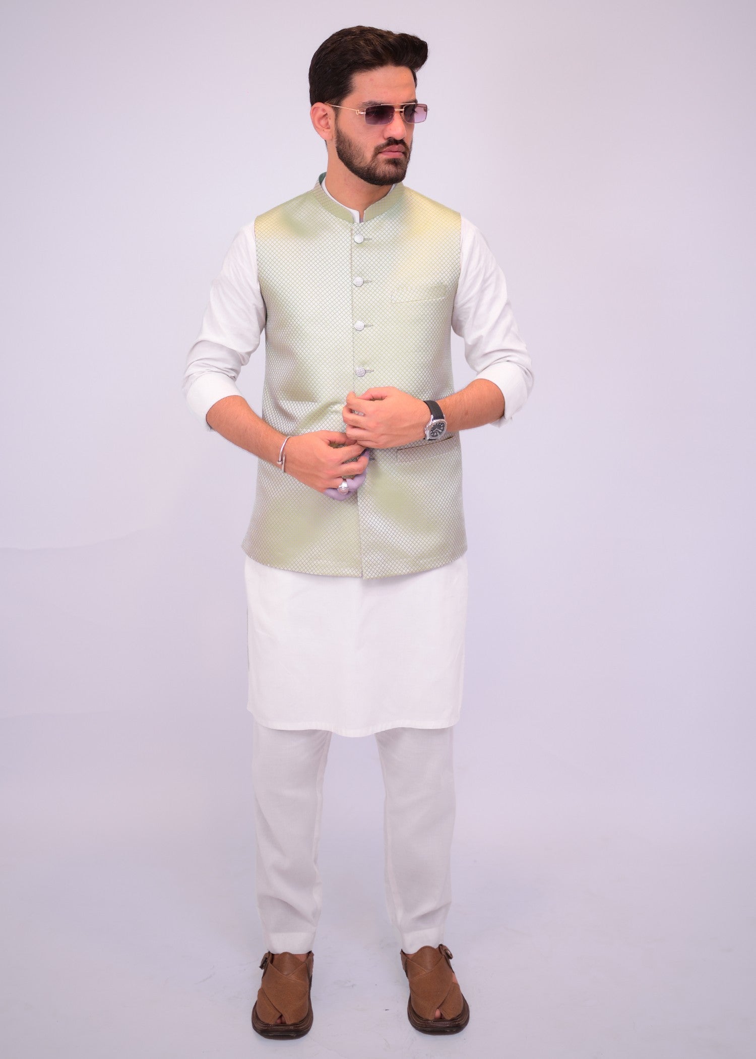 jamawar Waistcoat in Pastel green
