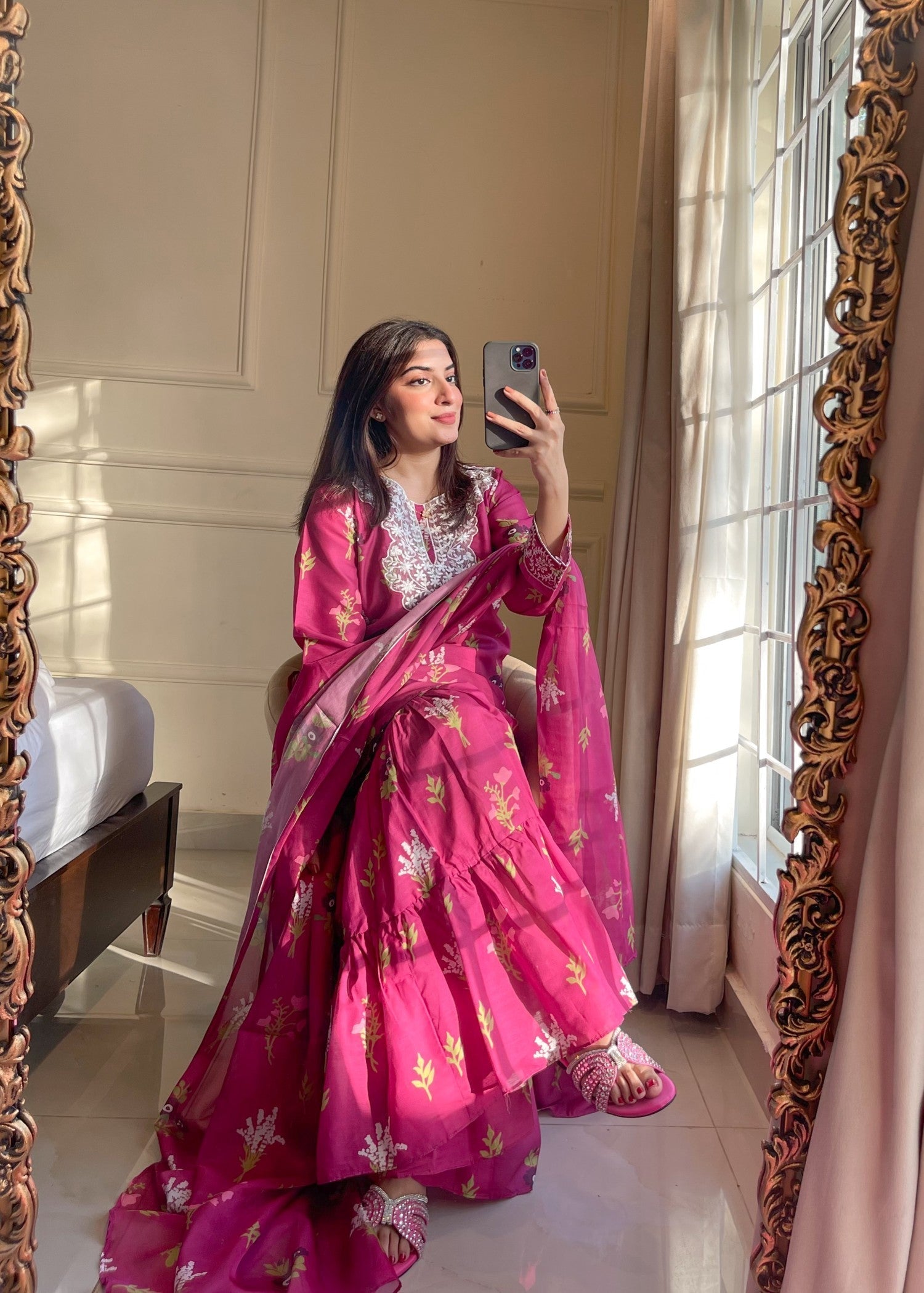poly lawn Gharara in Fuchsia pink