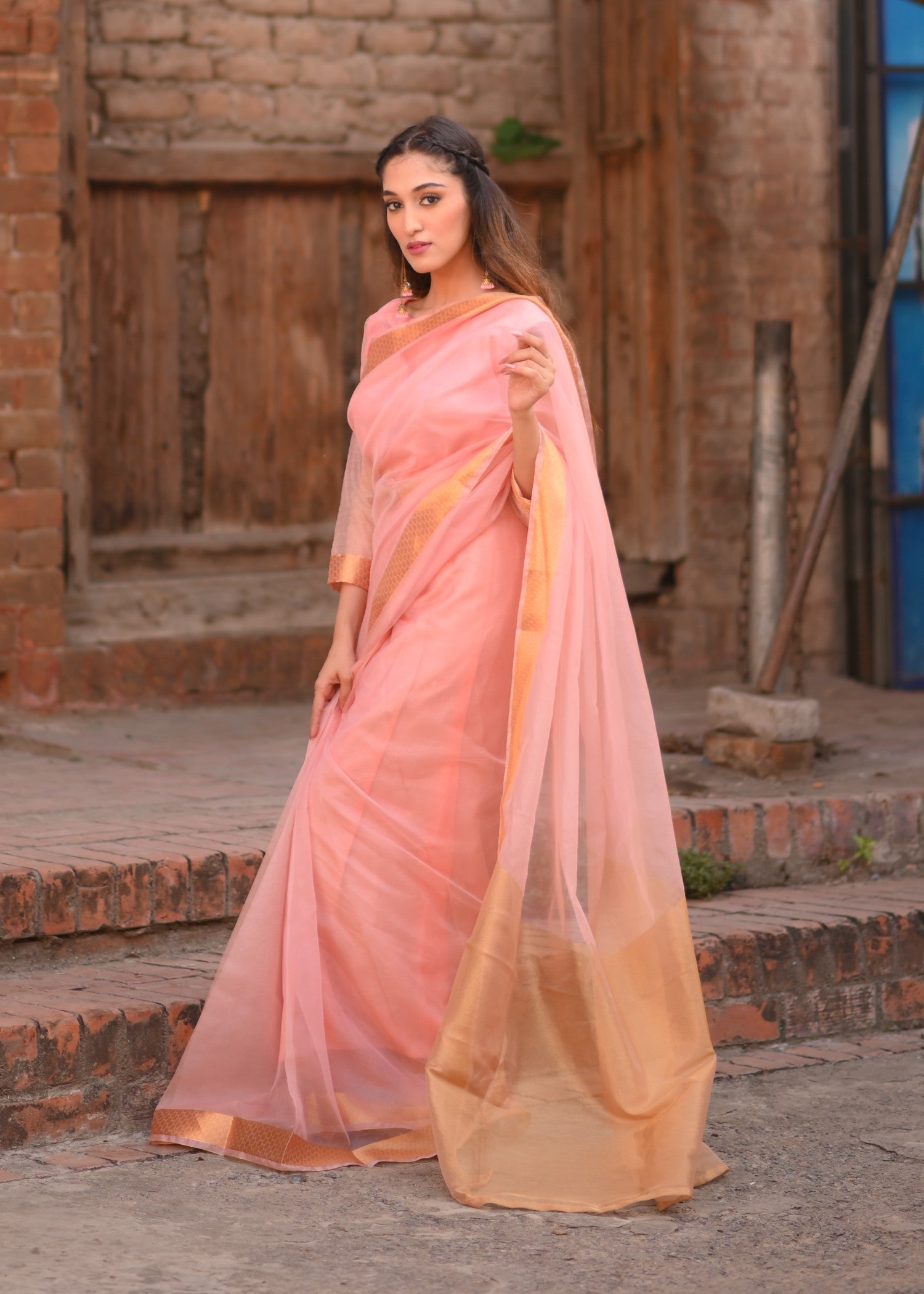 zari organza Saree in Blush pink