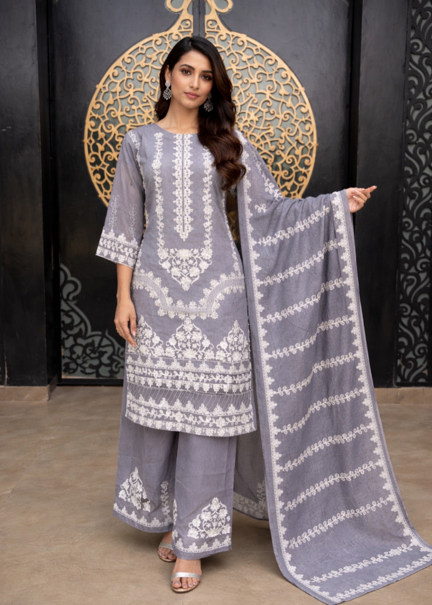 khaddi net Kurta Set in Silver