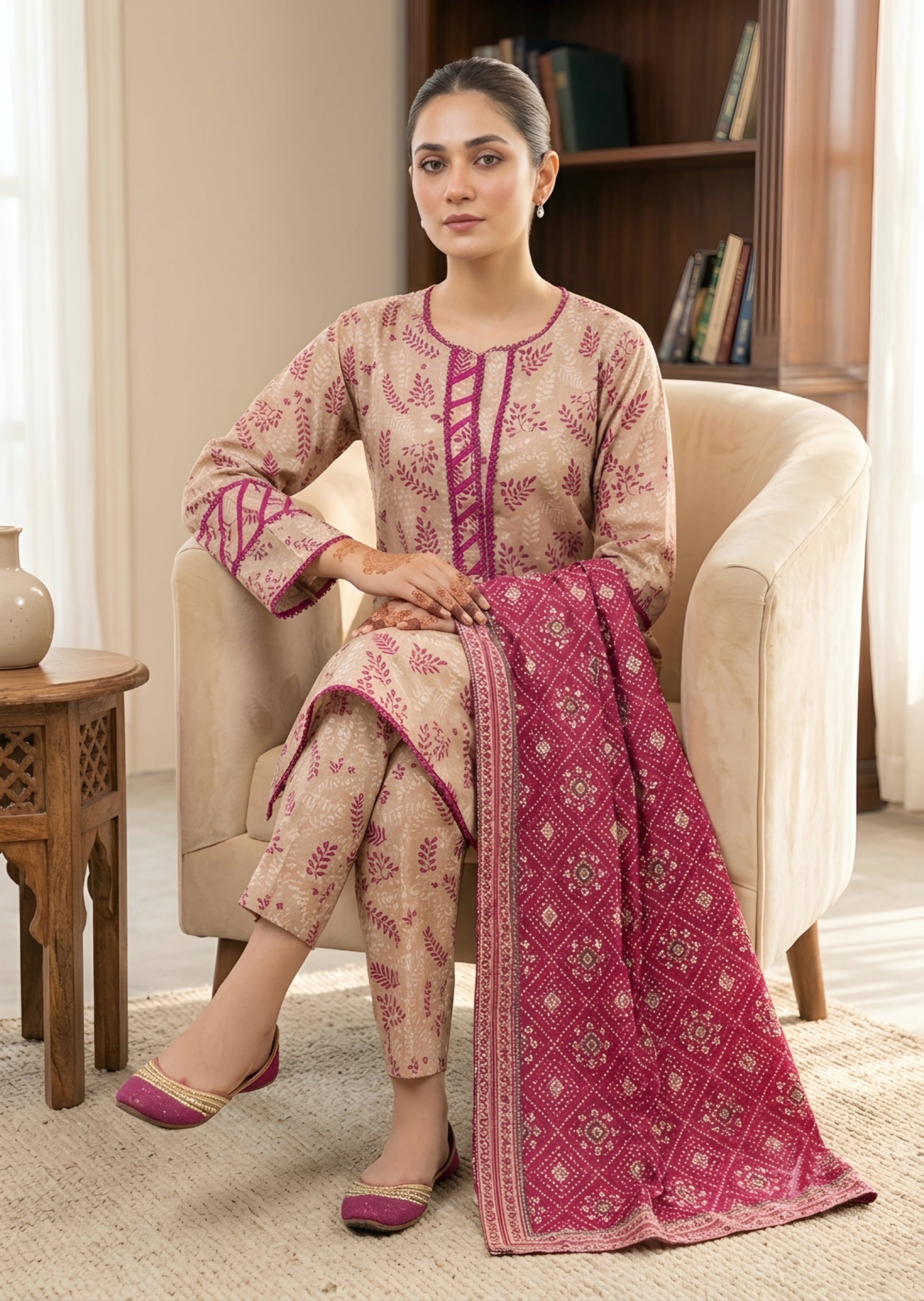khaddar Kurta Set in Beige, raspberry pink