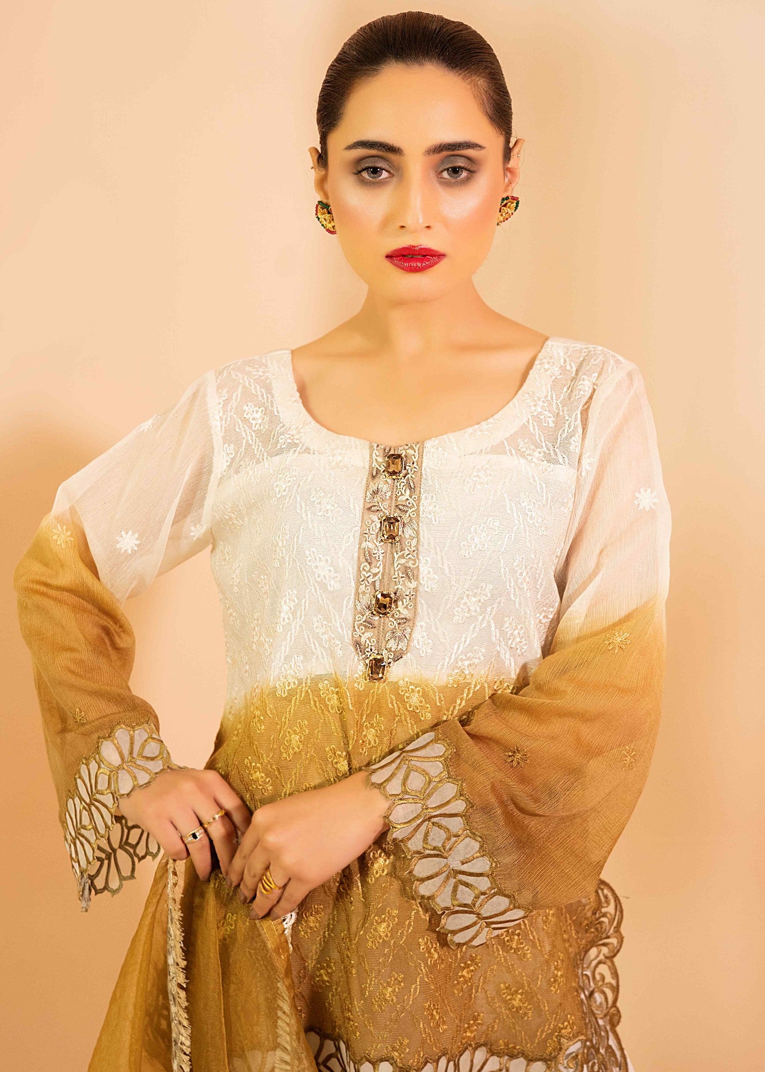cotton net Kurta Set in Golden brown, white