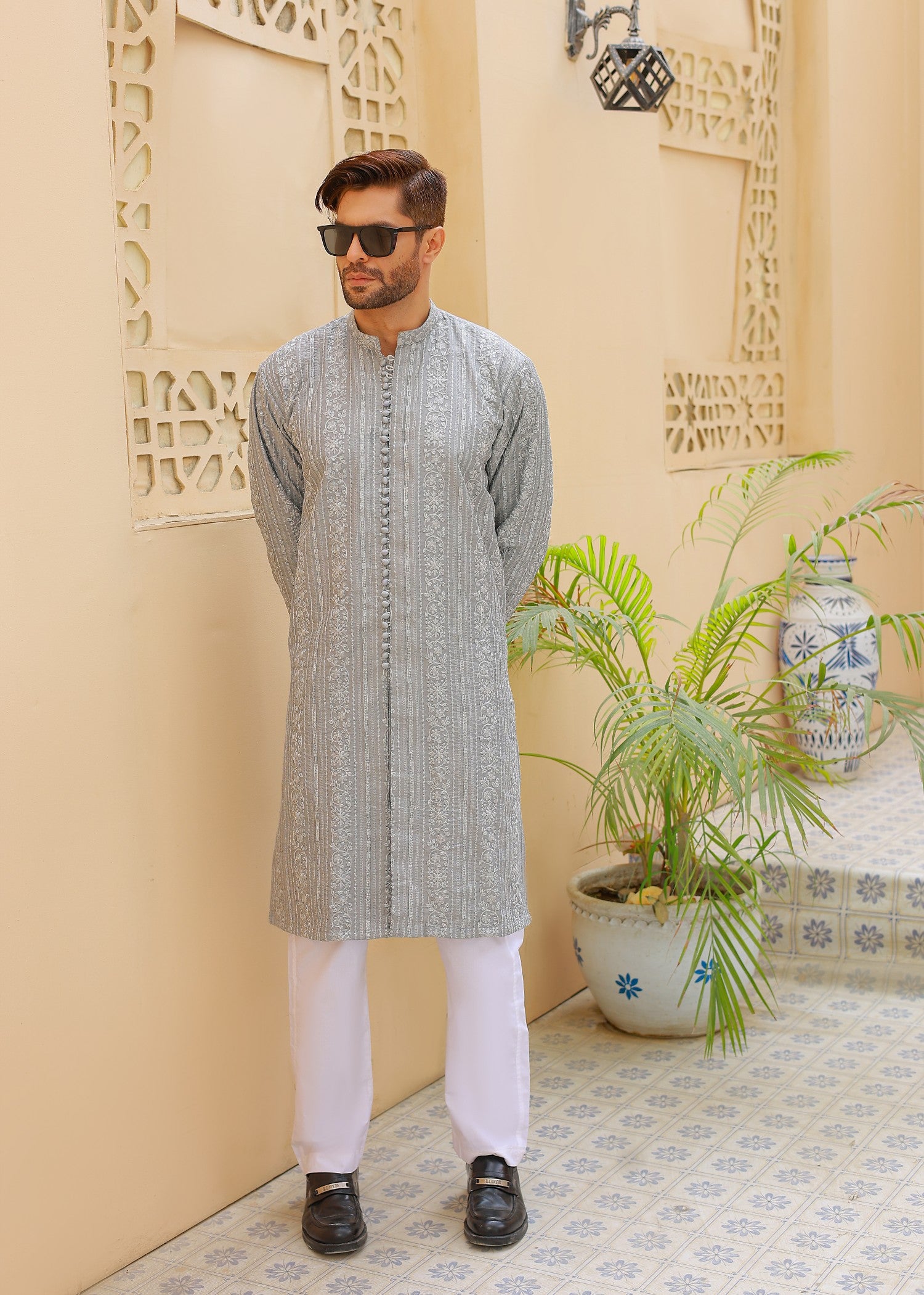 raw silk Kurta Set in Light grey