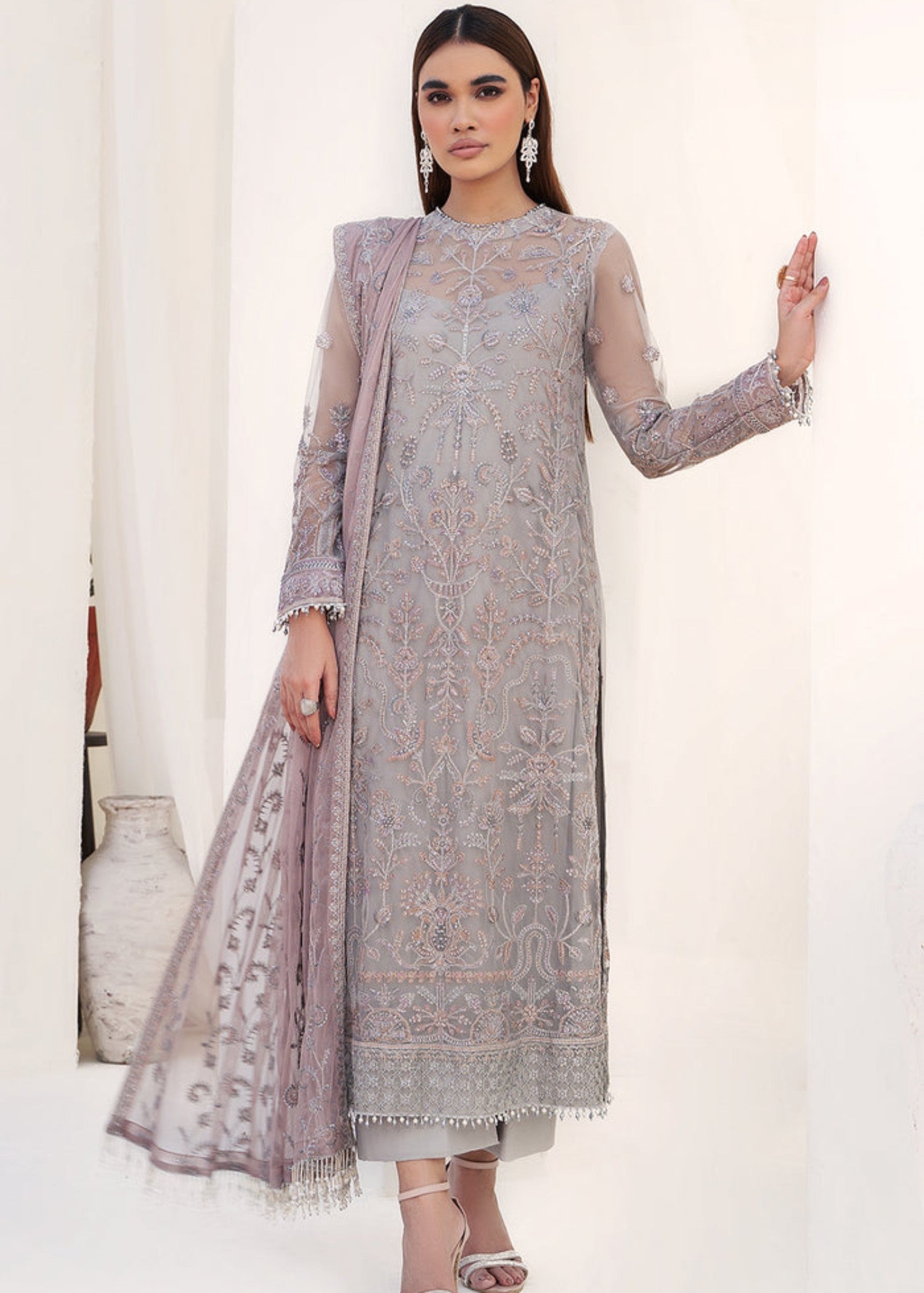 net Kurta Set in Grey