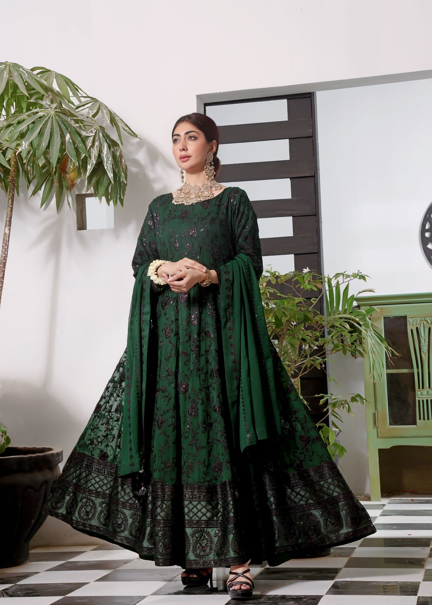 chiffon Pishwas in Green