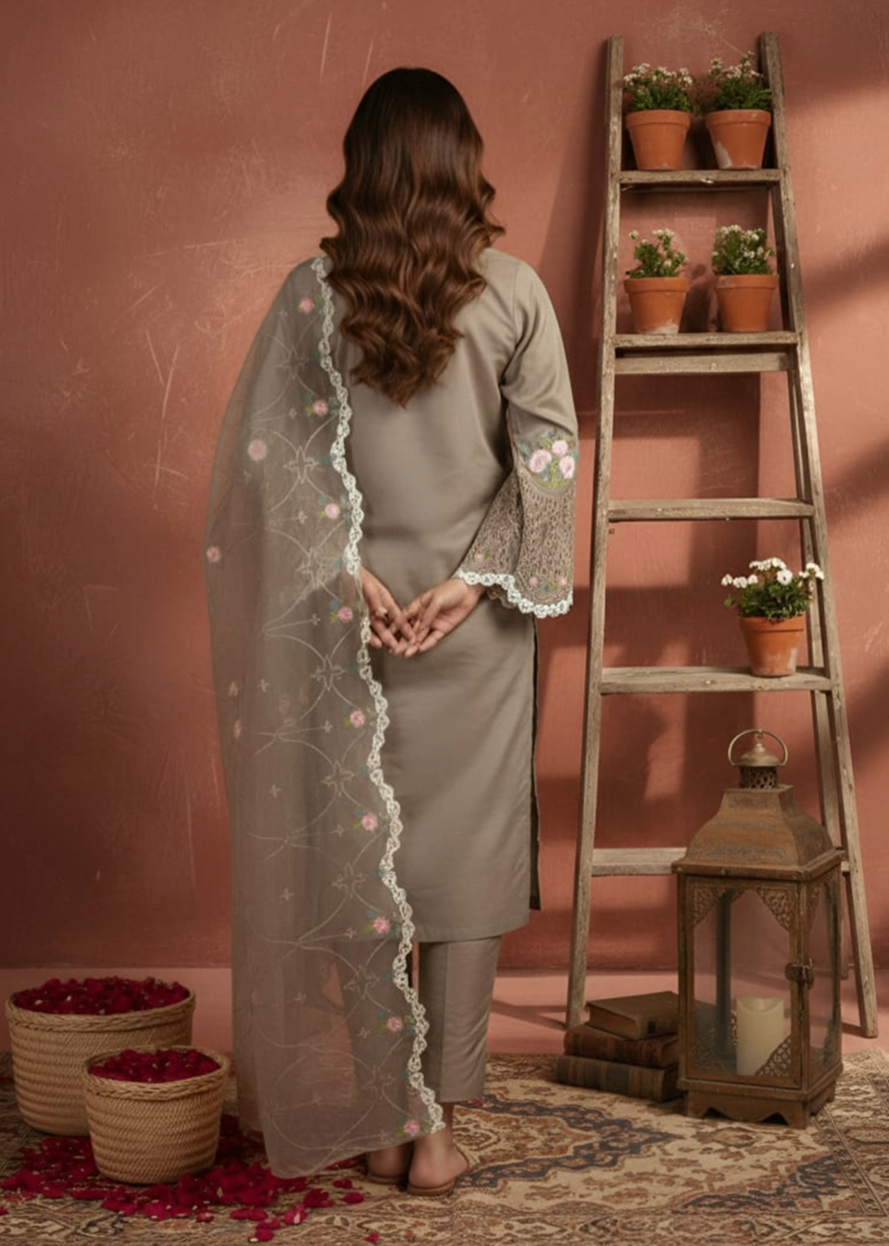 cotton net Kurta Set in Mocha brown