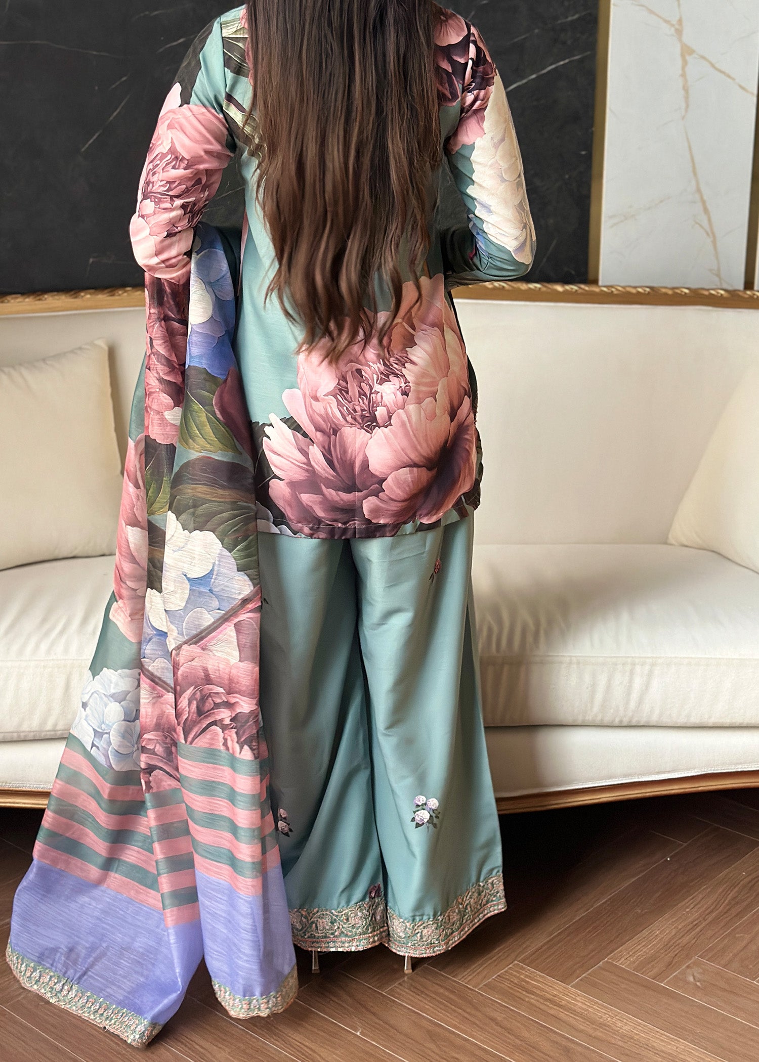 raw silk Kurta Set in Sage green