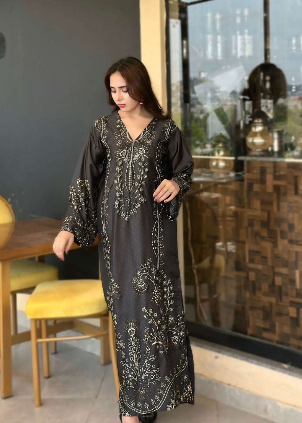 pk charmuse silk Kaftan in Jet black, onyx