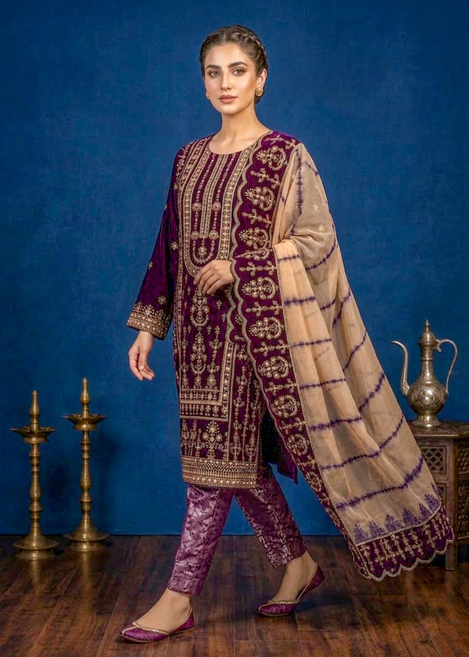 chinese micro velvet 9000 Kurta Set in Purple heart