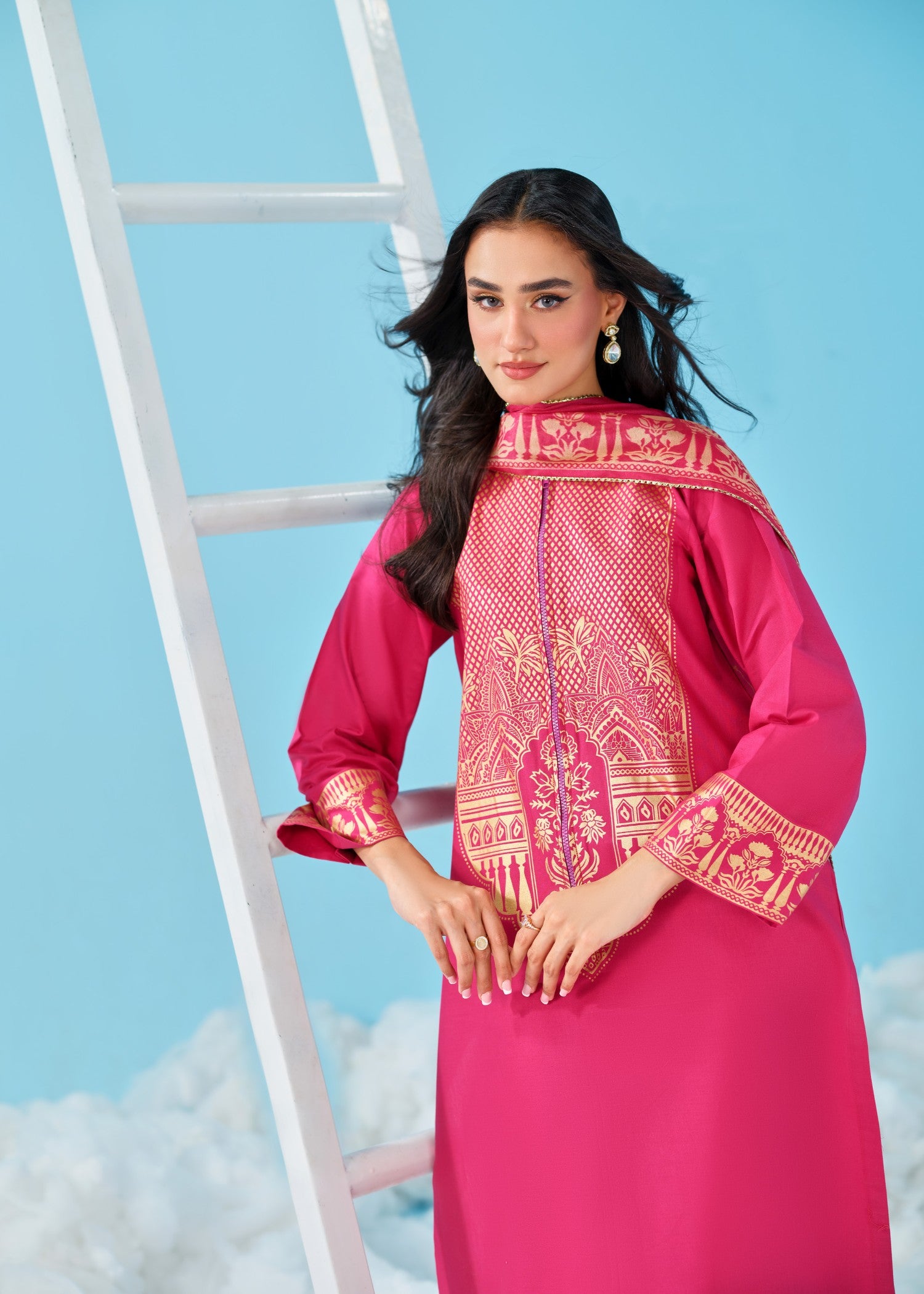 cambric cotton Kurta Set in Hot pink