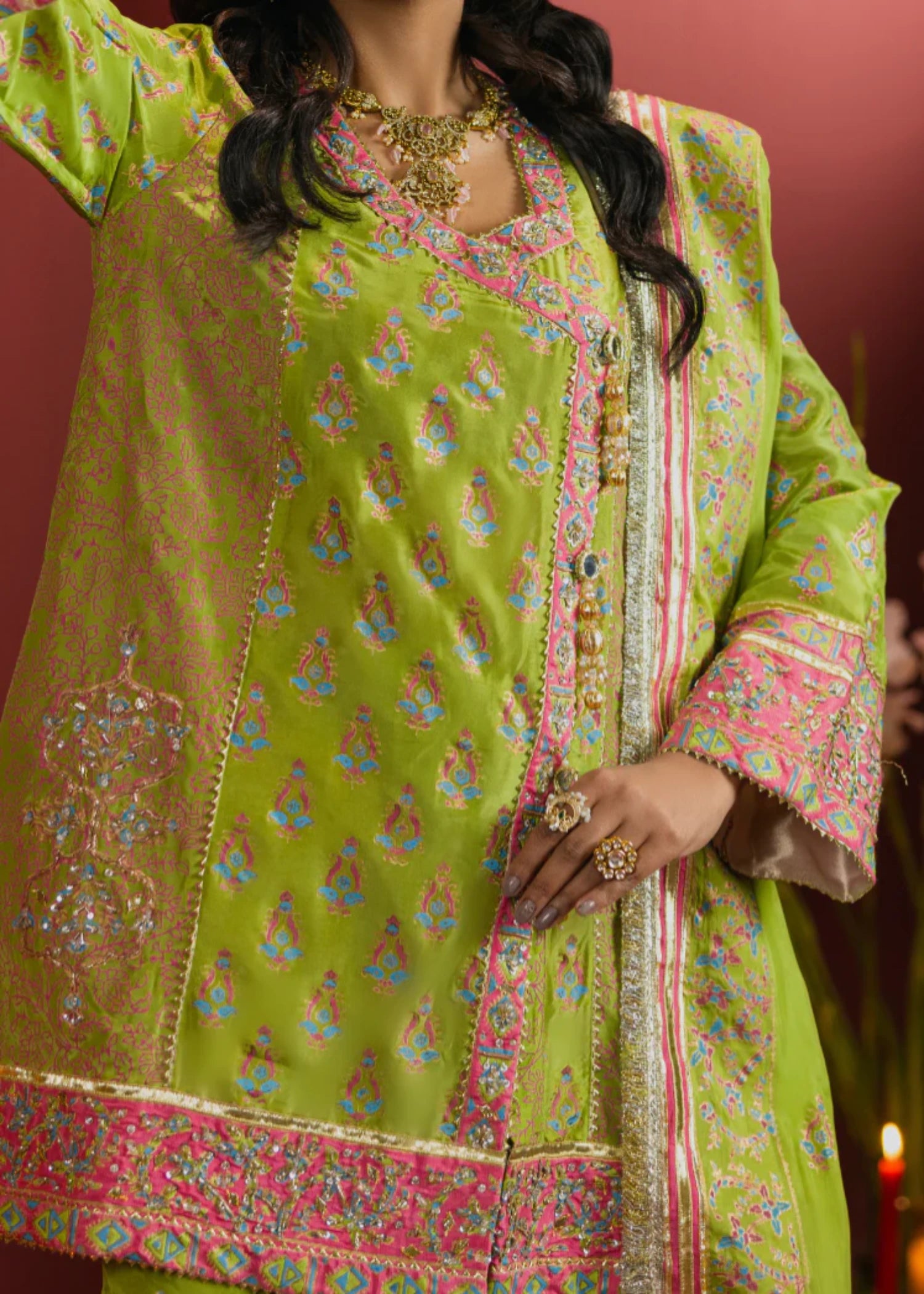 tussar silk Unstitched in Apple green