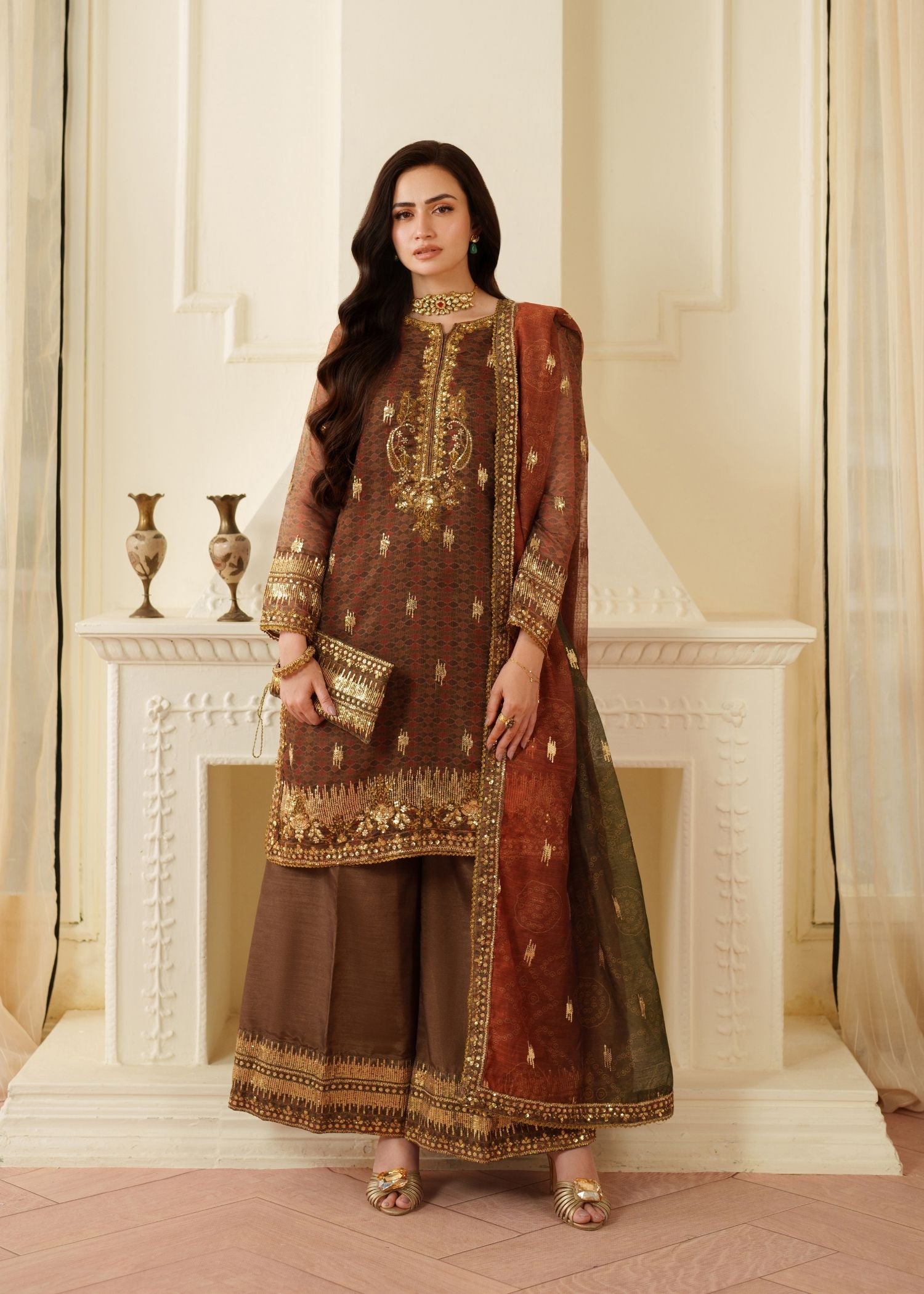net Kurta Set in Brown