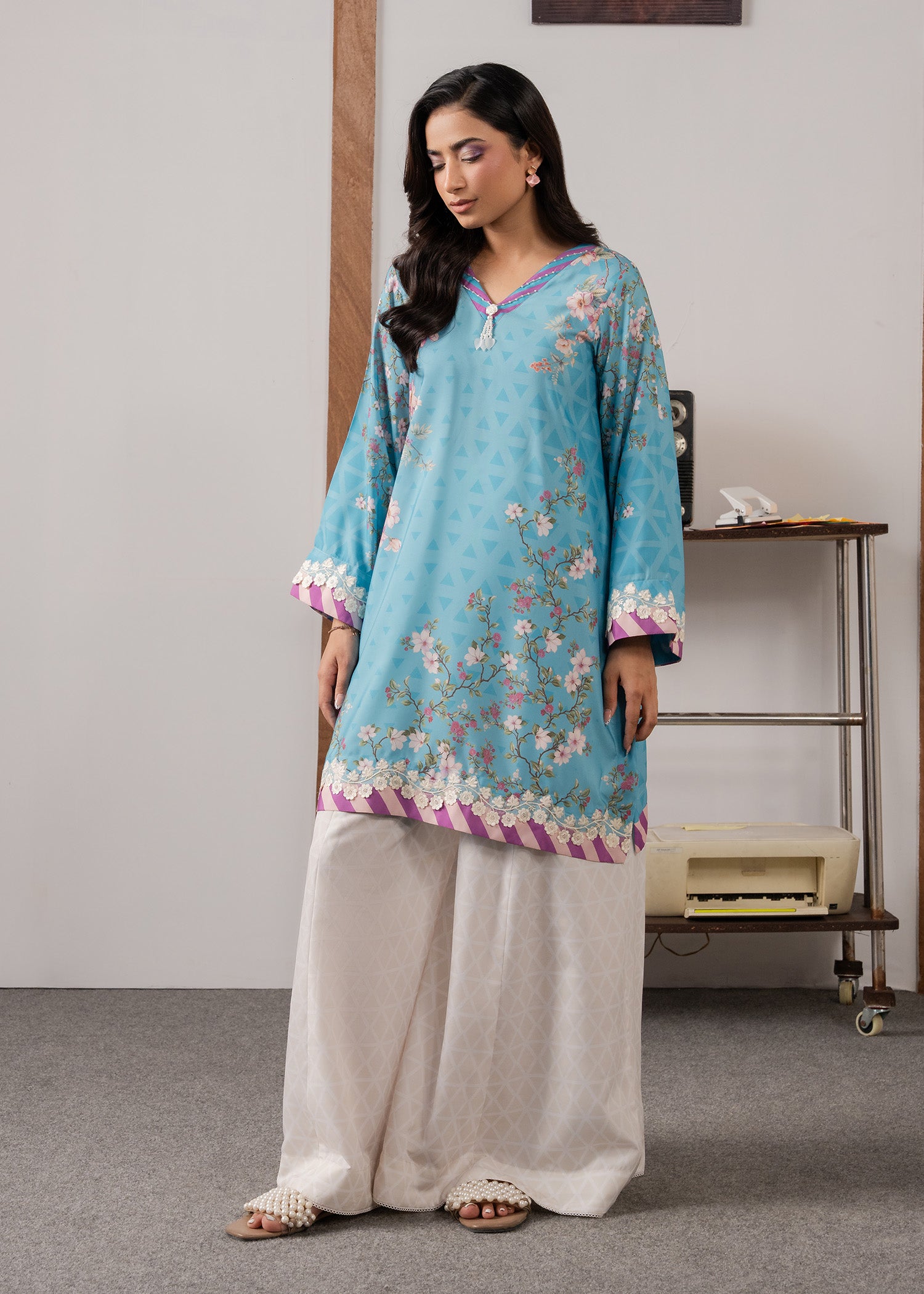 poly lawn Kurta Set in Sky blue