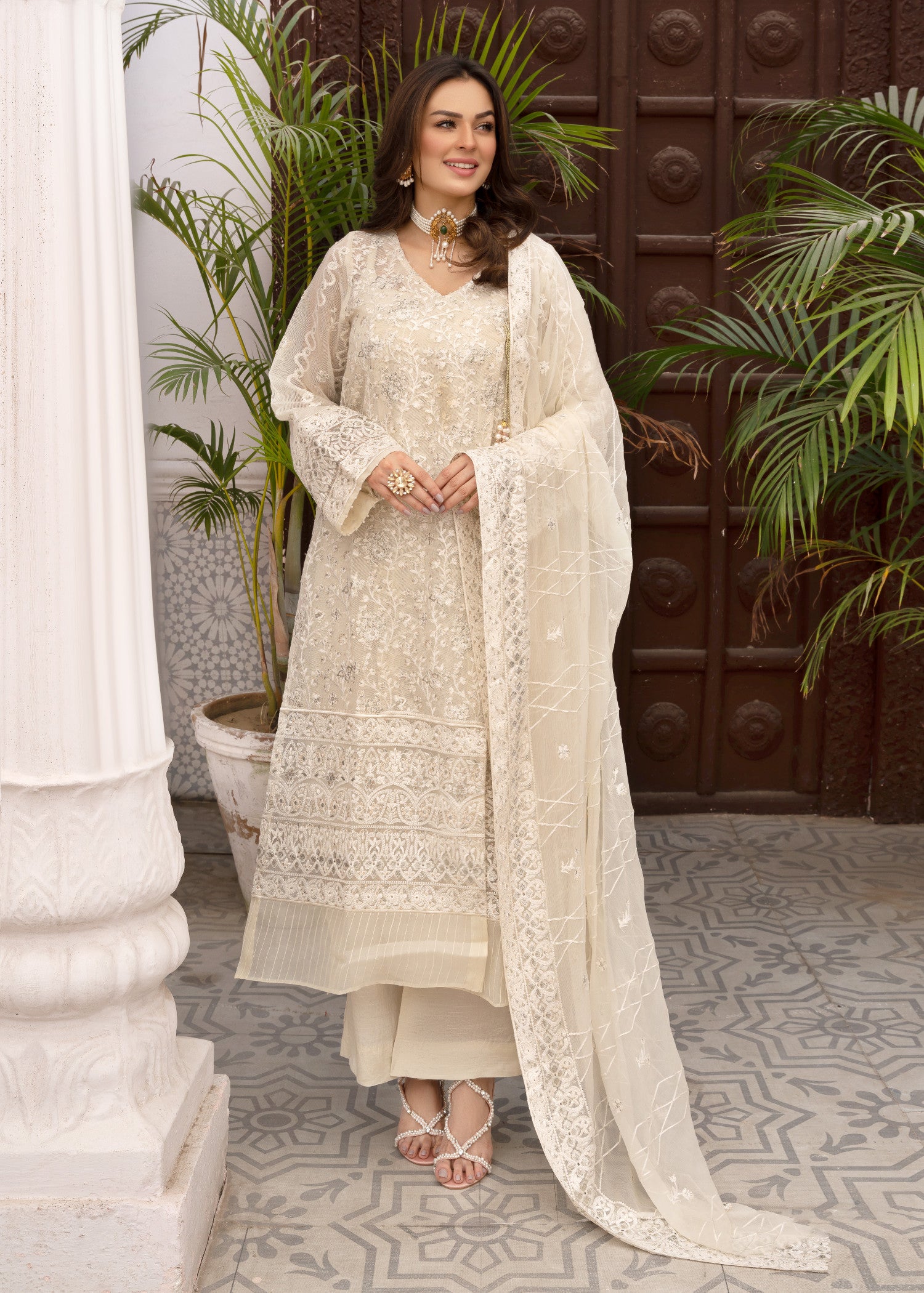 organza Angrakha in Cream