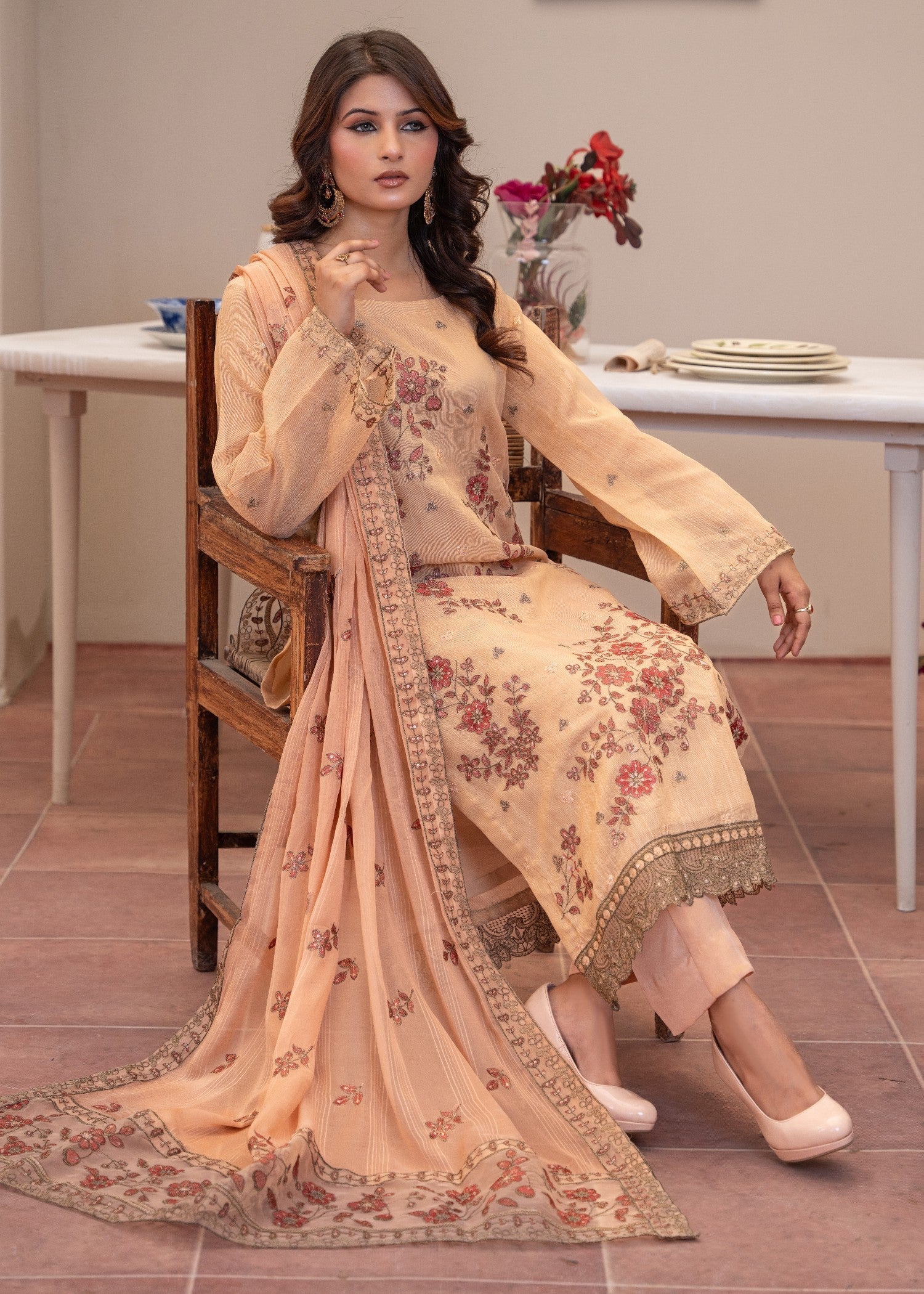 zari cotton Kurta Set in Peach orange
