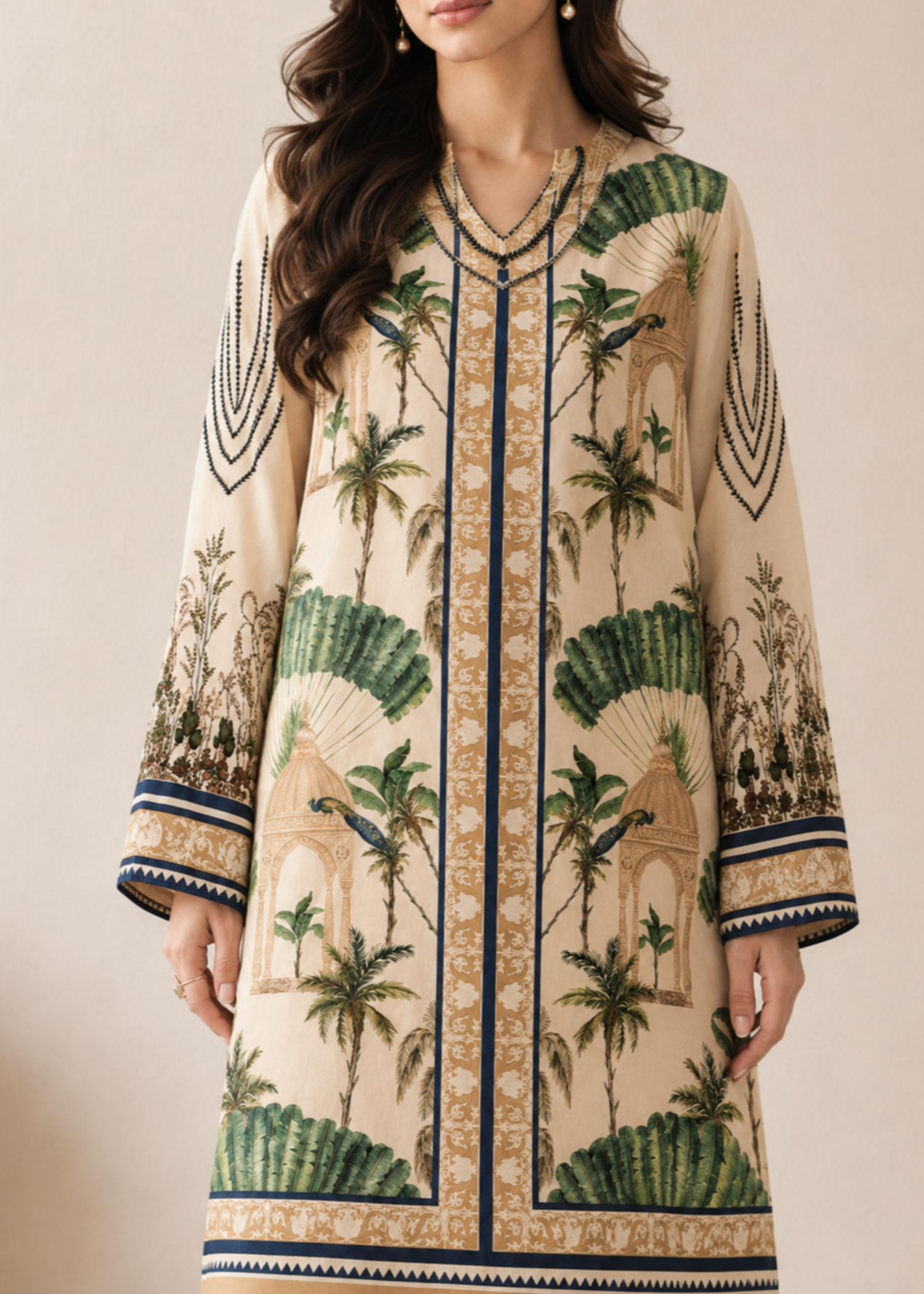 lawn Unstitched in Beige, green