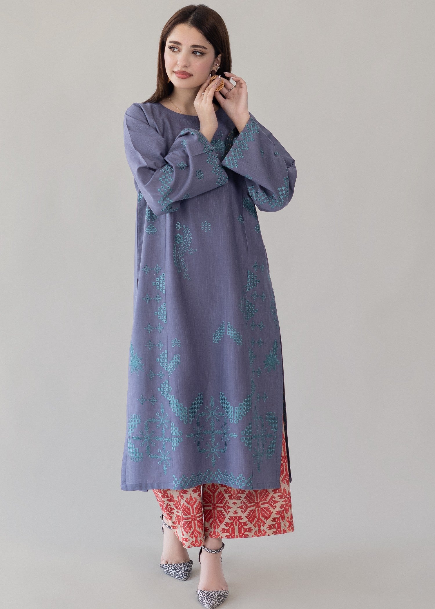 slub khaddar Kurta Set in Grey