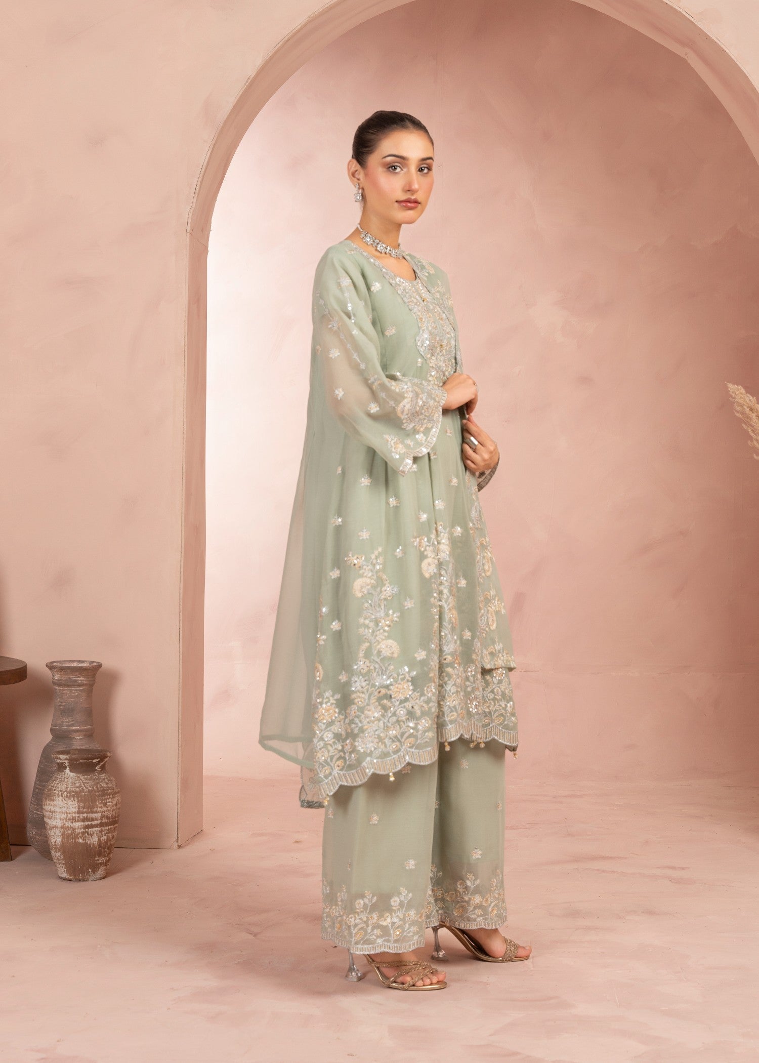 bemberg crinkle chiffon Short Frock in Pistachio green