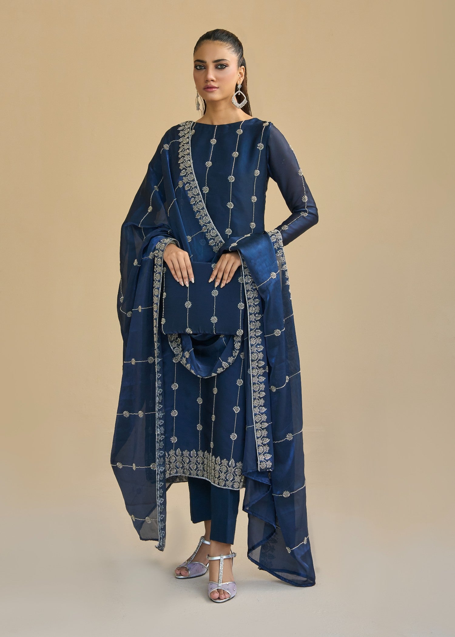 paper silk Kurta Set in Navy blue