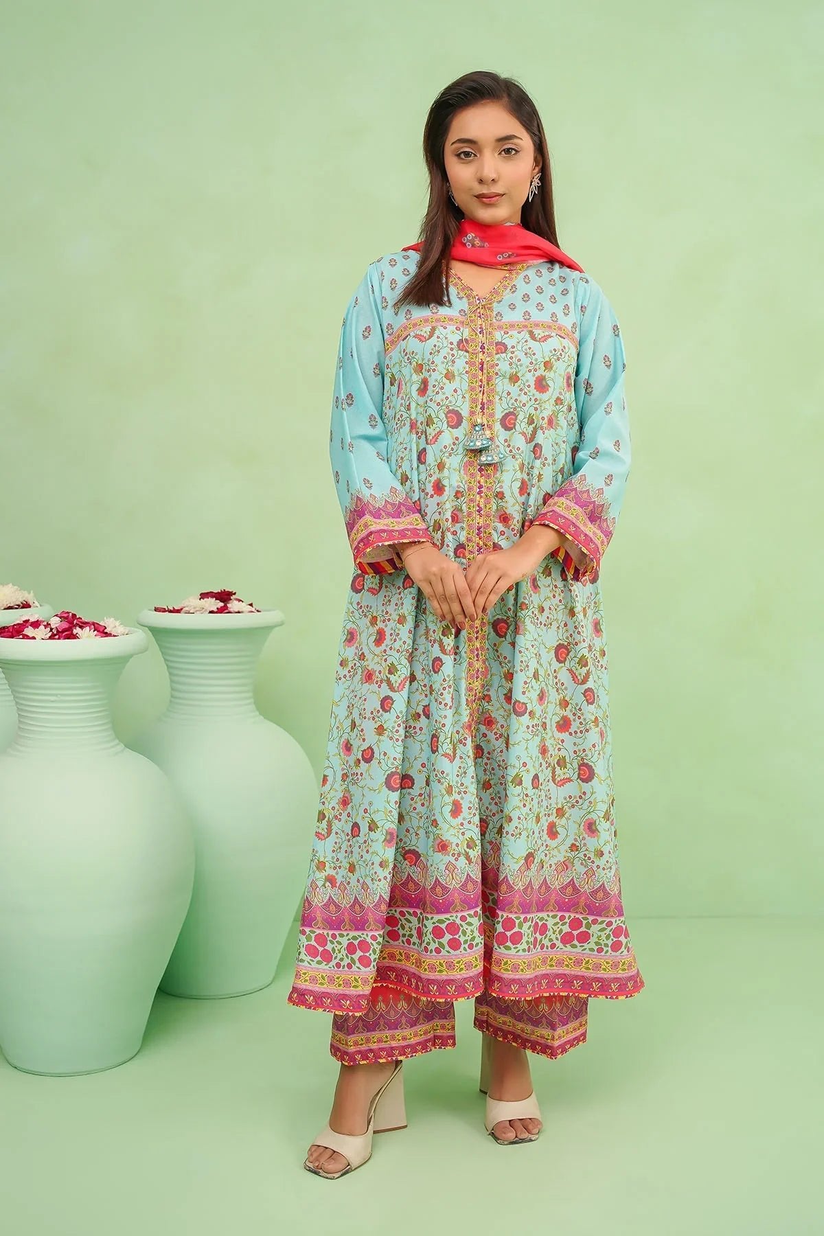 lawn Pishwas in Aquamarine
