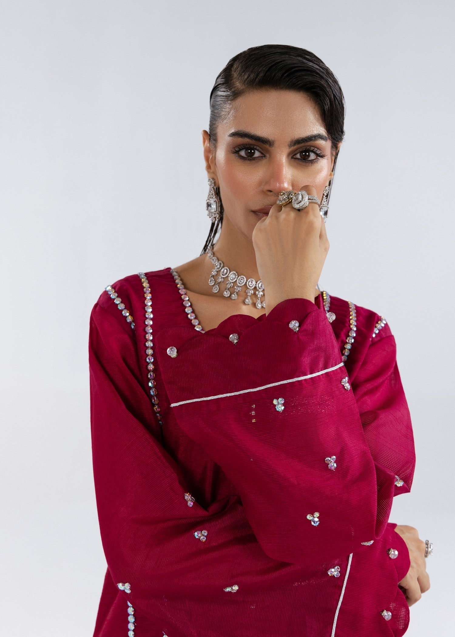 khaddi net Kurta Set in Burgundy