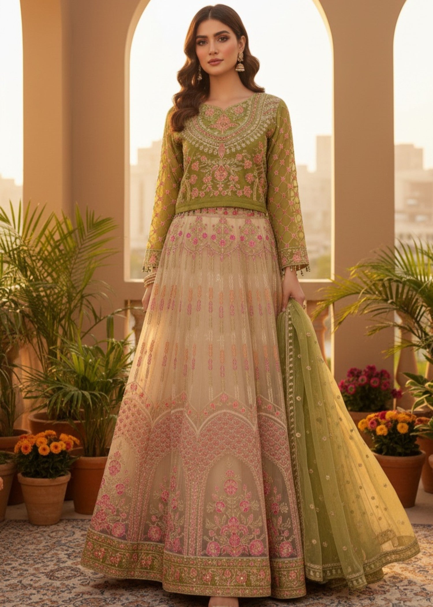 grip Lehenga in Pistachio green, ivory