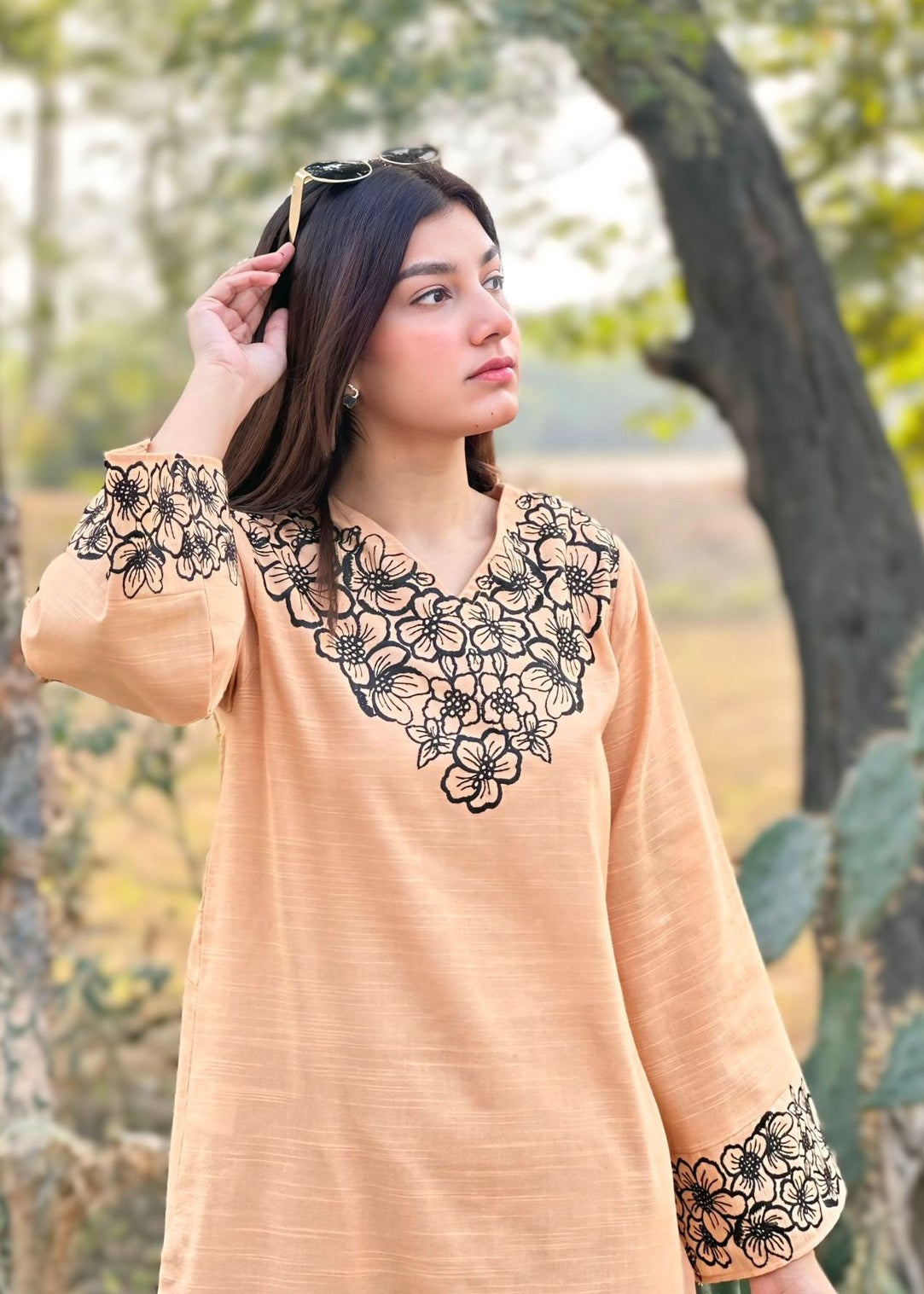 slub khaddar Kurta Set in Peach pink