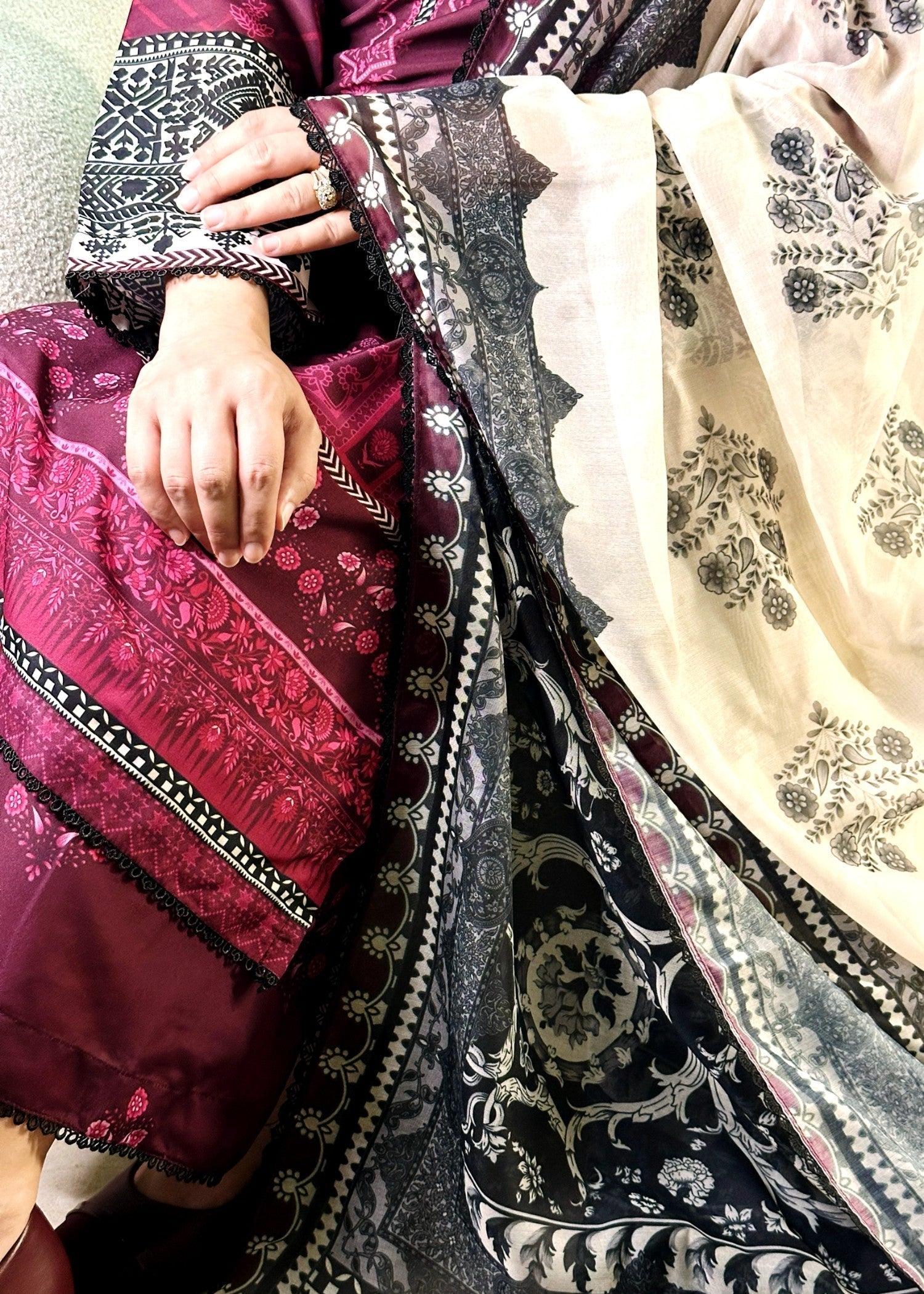 silk finish lawn Kurta Set in Plum
