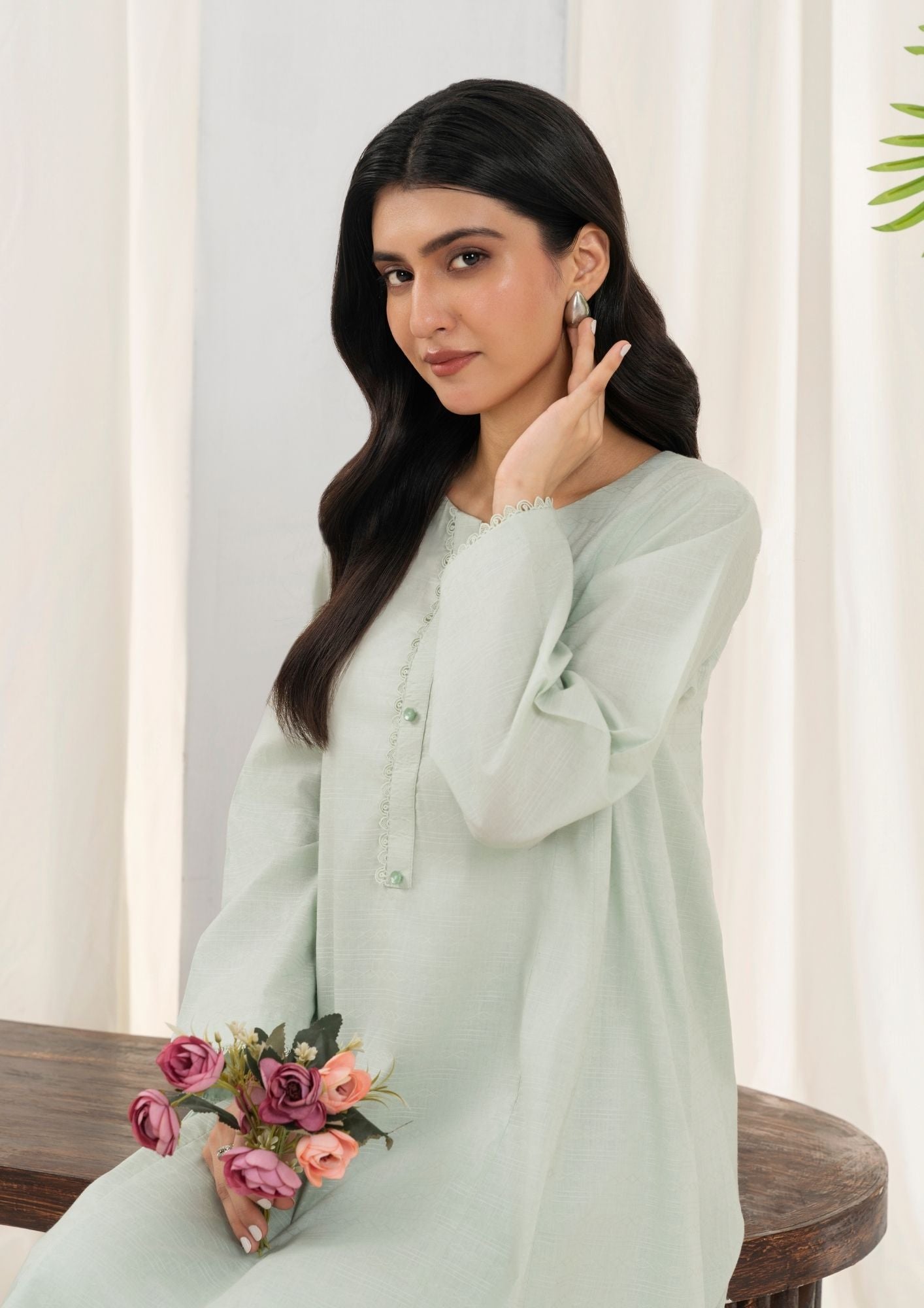 lawn cotton Short Frock in Tea green
