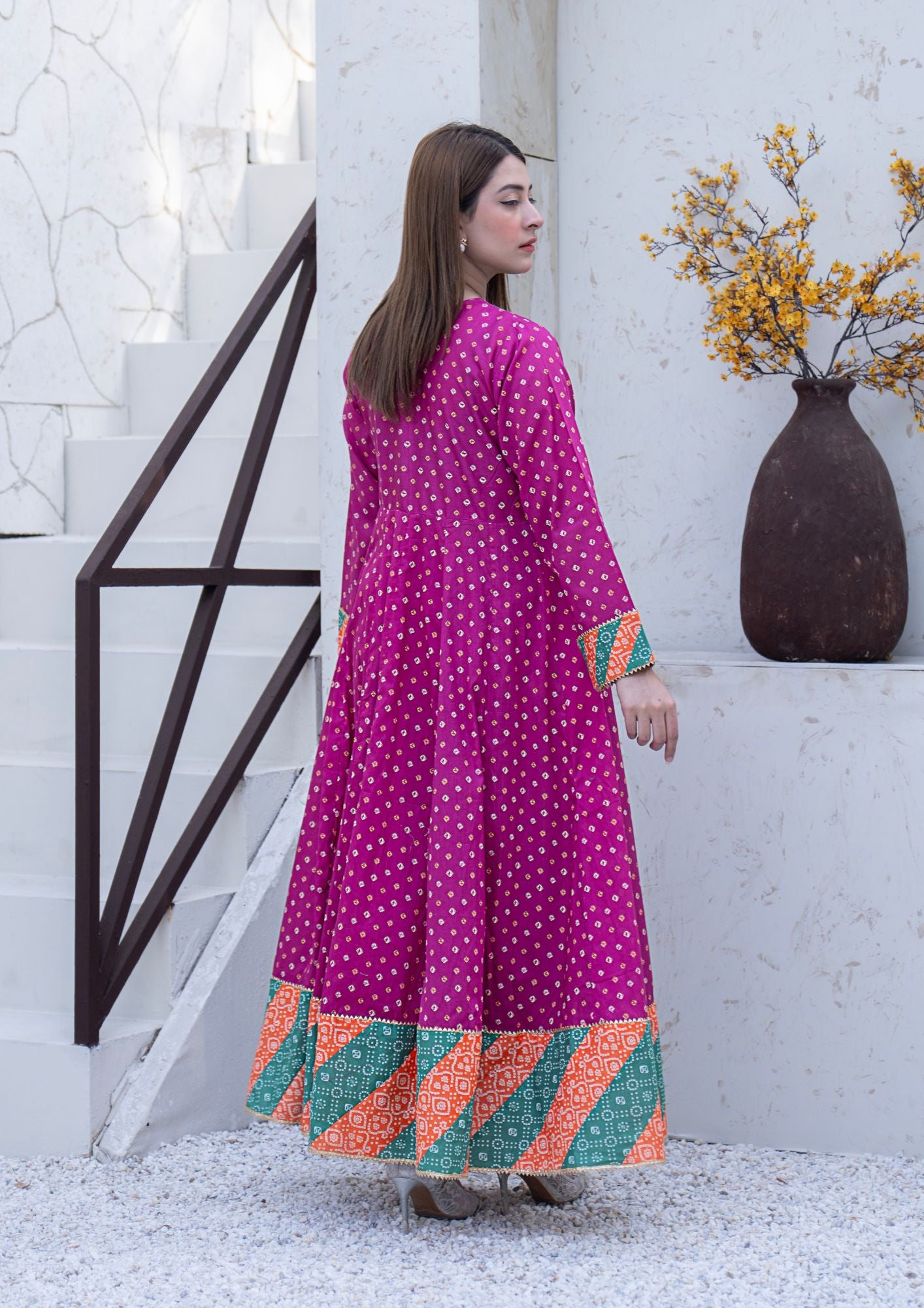 lawn Pishwas in Sea green, magenta haze