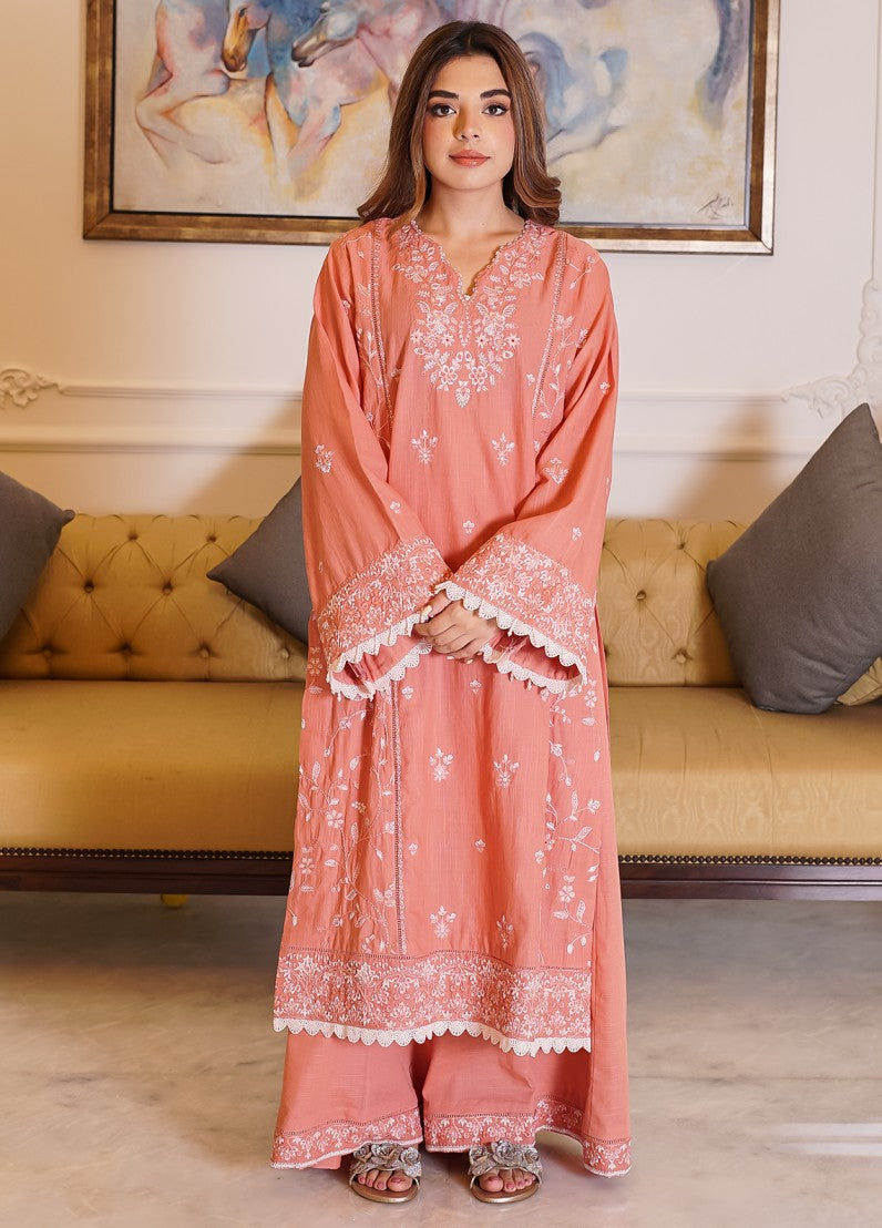 fine khaddar Unstitched in Coral pink